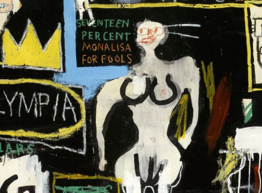 Detail view of Jean-Michel Basquiat's painting Crown Hotel (Mona Lisa Black Background), 1982