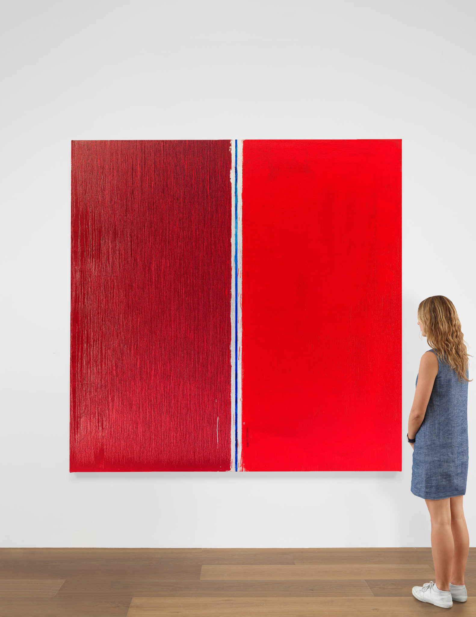 Scale view of Pat Steir's painting Two Reds (2013)