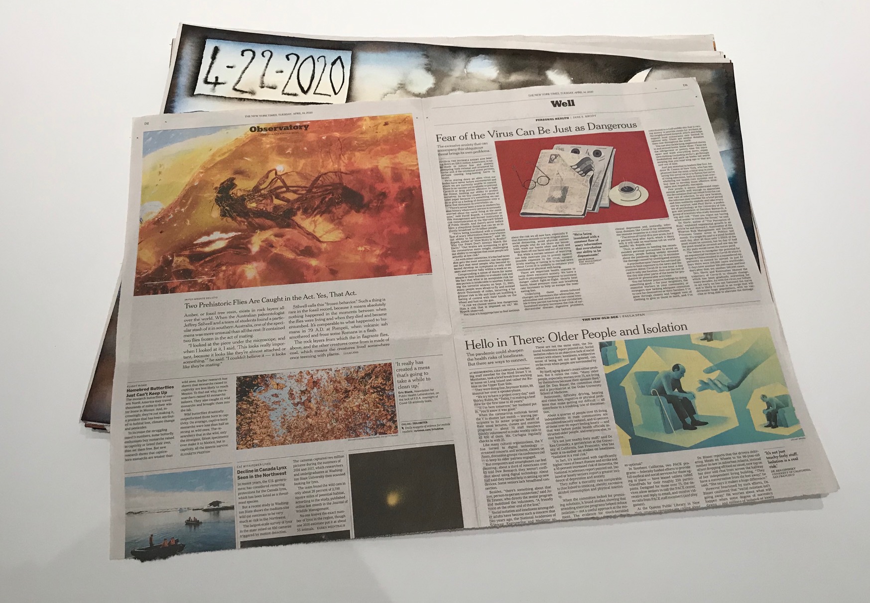 Image of Francesco Clemente's watercolor covered by a page of The New York Times