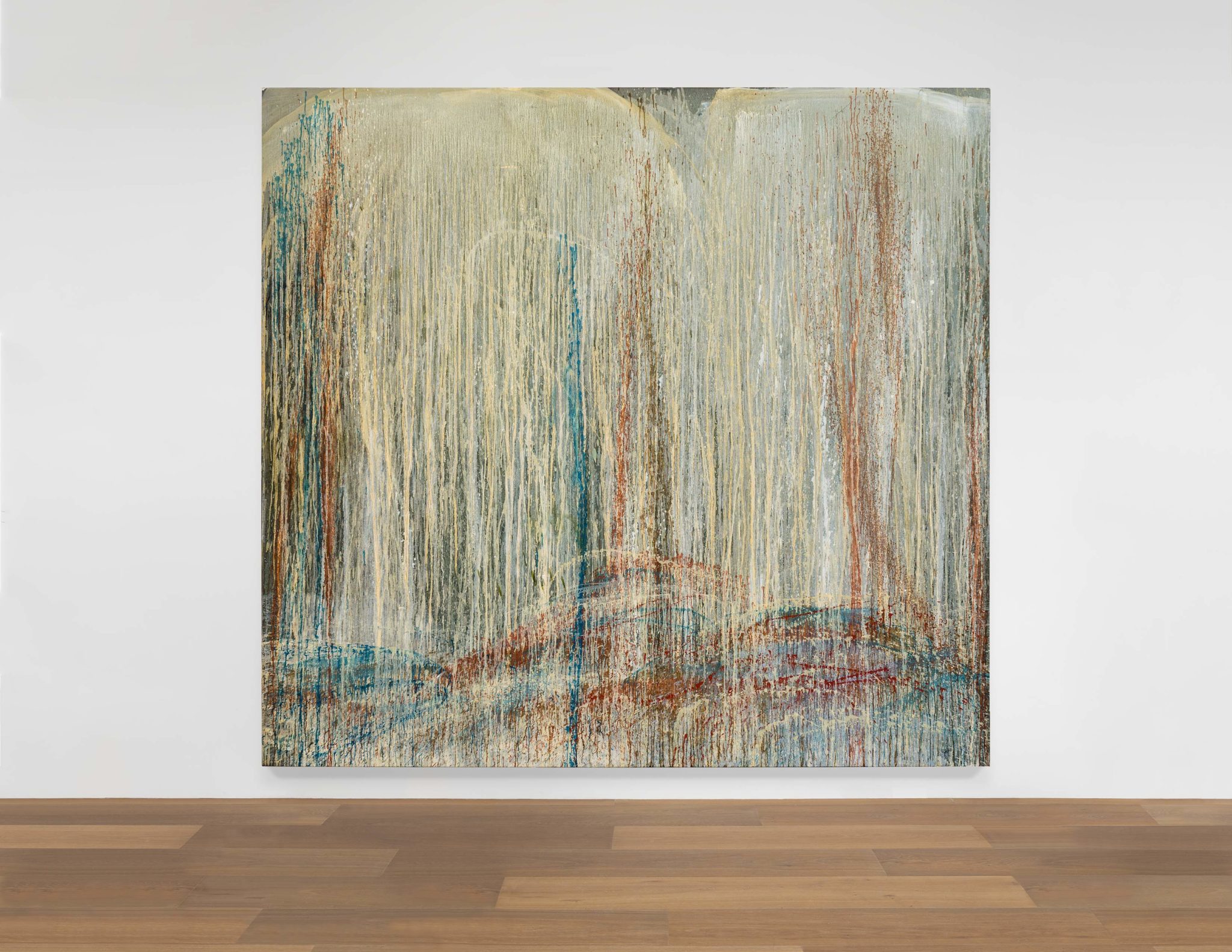 Installation view of Pat Steir's Red, Blue and Silver Waterfall, 1989