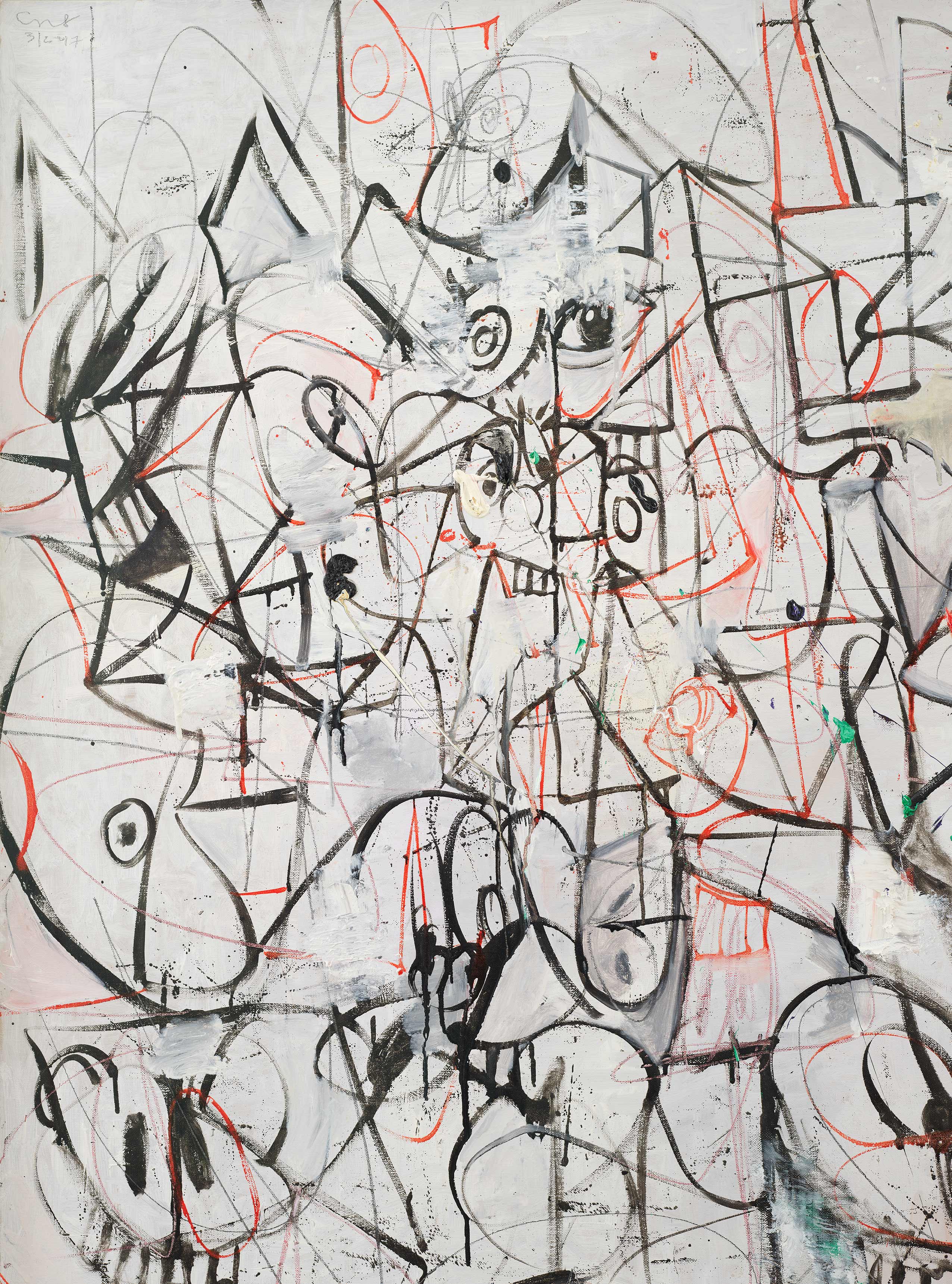 Detail view of George Condo's painting Red and Black Thought, 2017