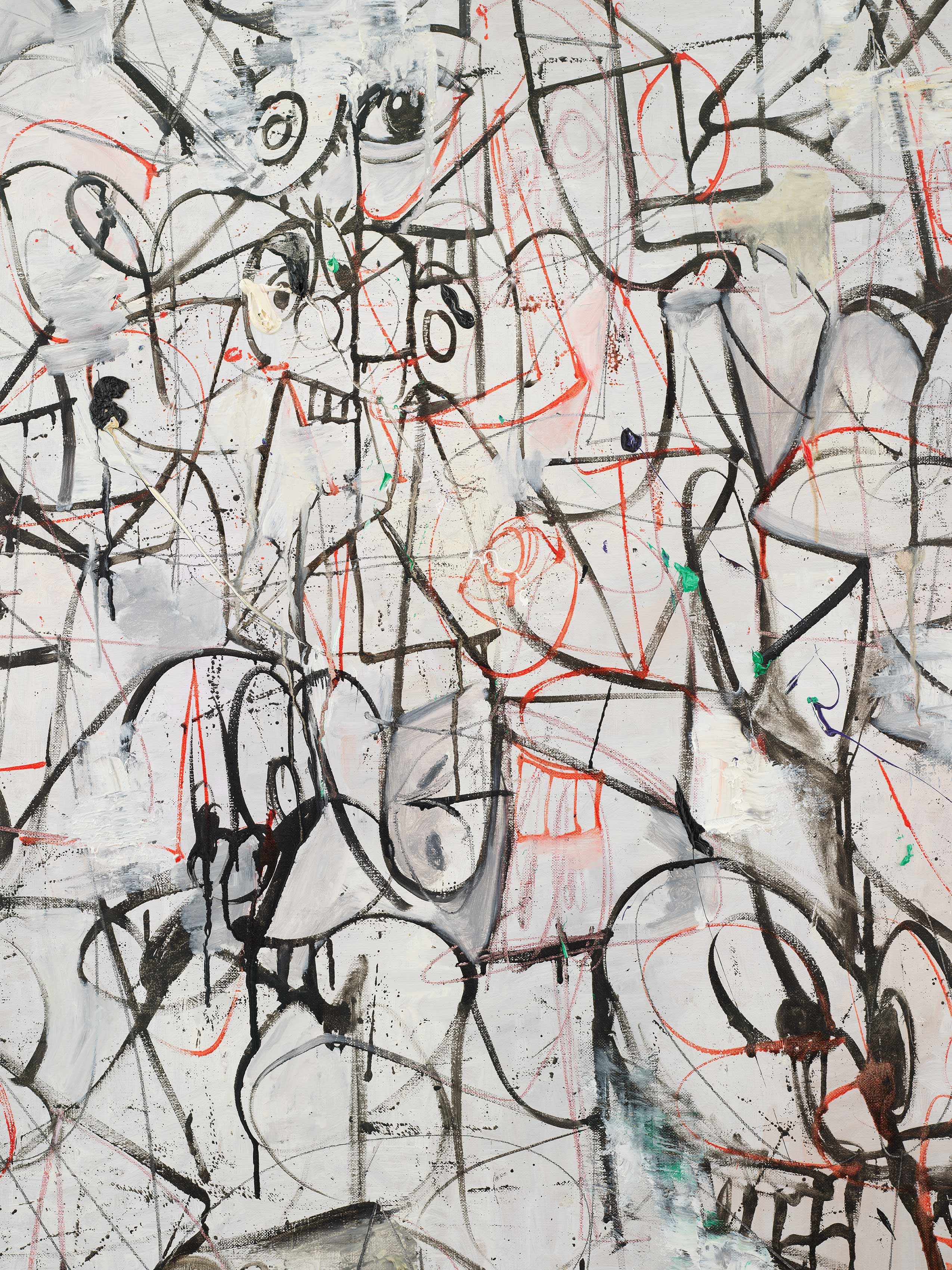 Detail view of George Condo's painting Red and Black Thought, 2017