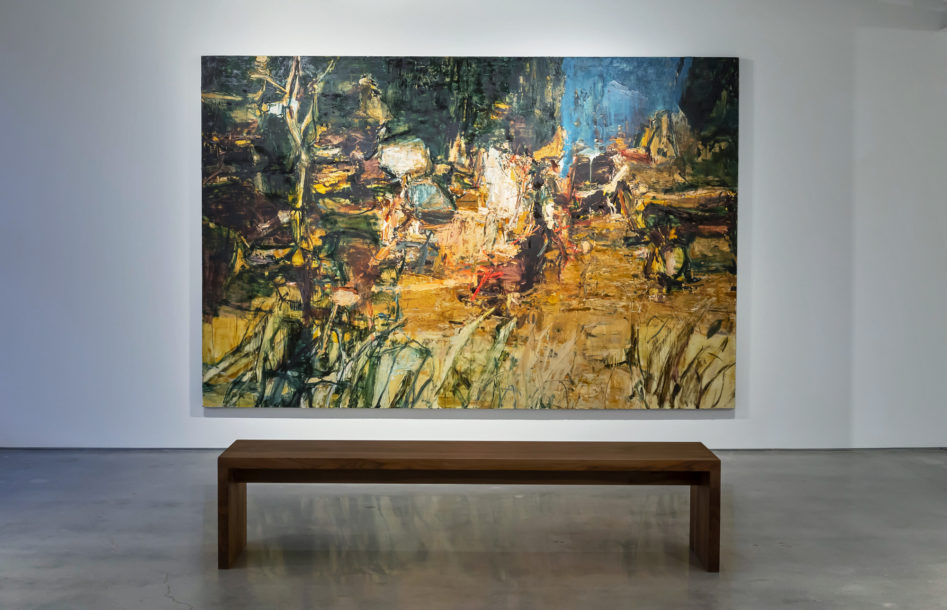 Image of Tu Hongtao's painting Drunken Forest at Lévy Gorvy Palm Beach with a bench in front