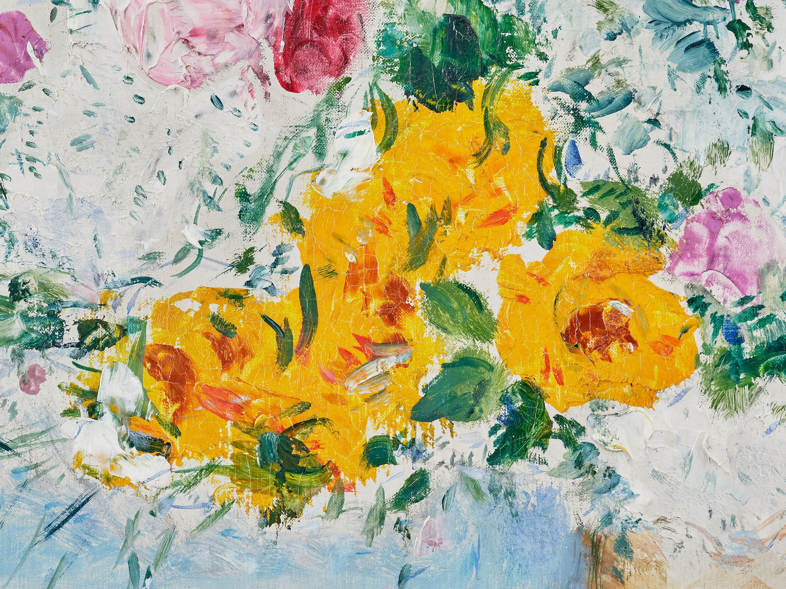 Detail view of Marc Chagall's painting titled Les amoreux au bouquet de fleurs