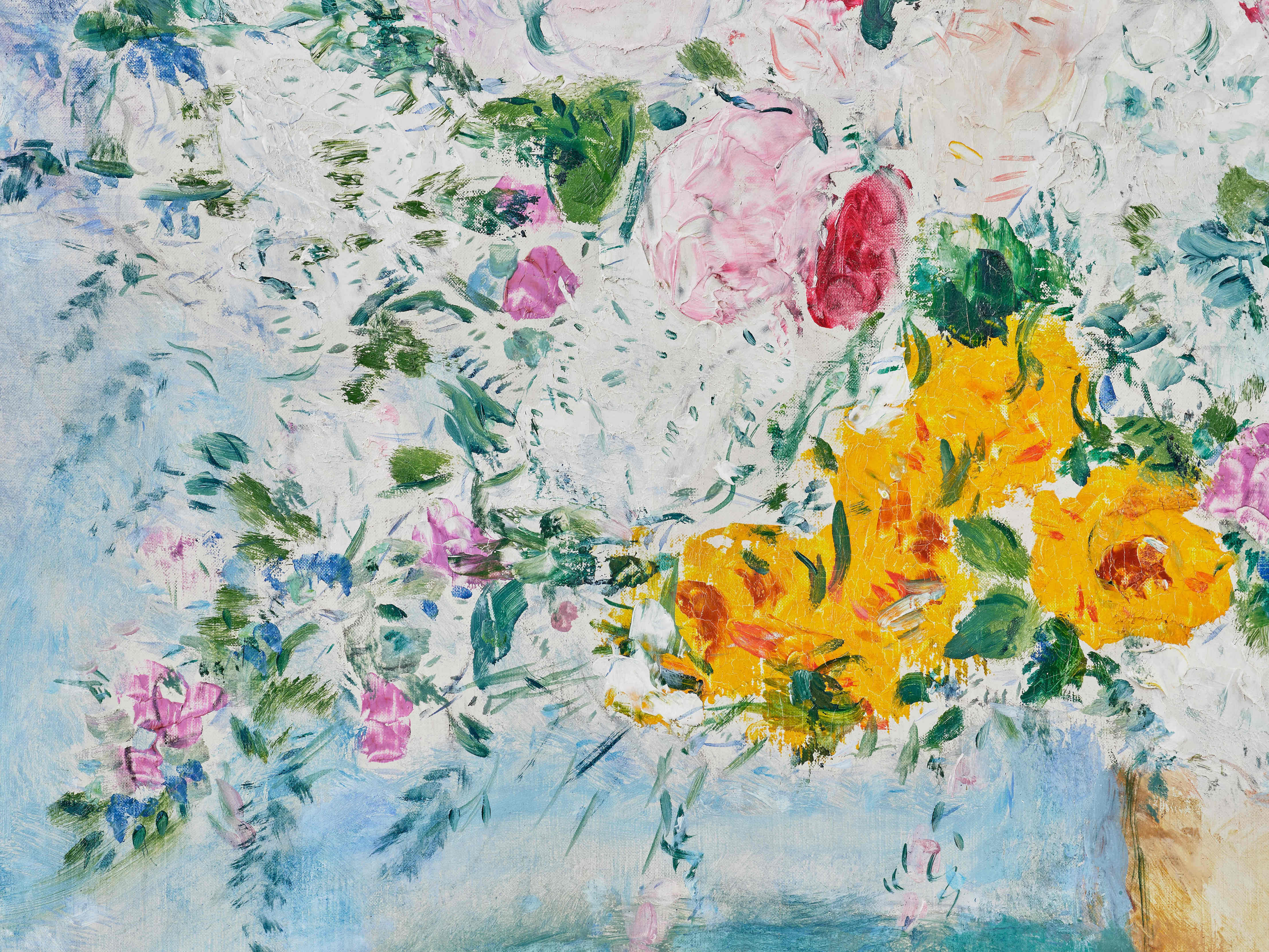 Detail view of Marc Chagall's painting titled Les amoreux au bouquet de fleurs