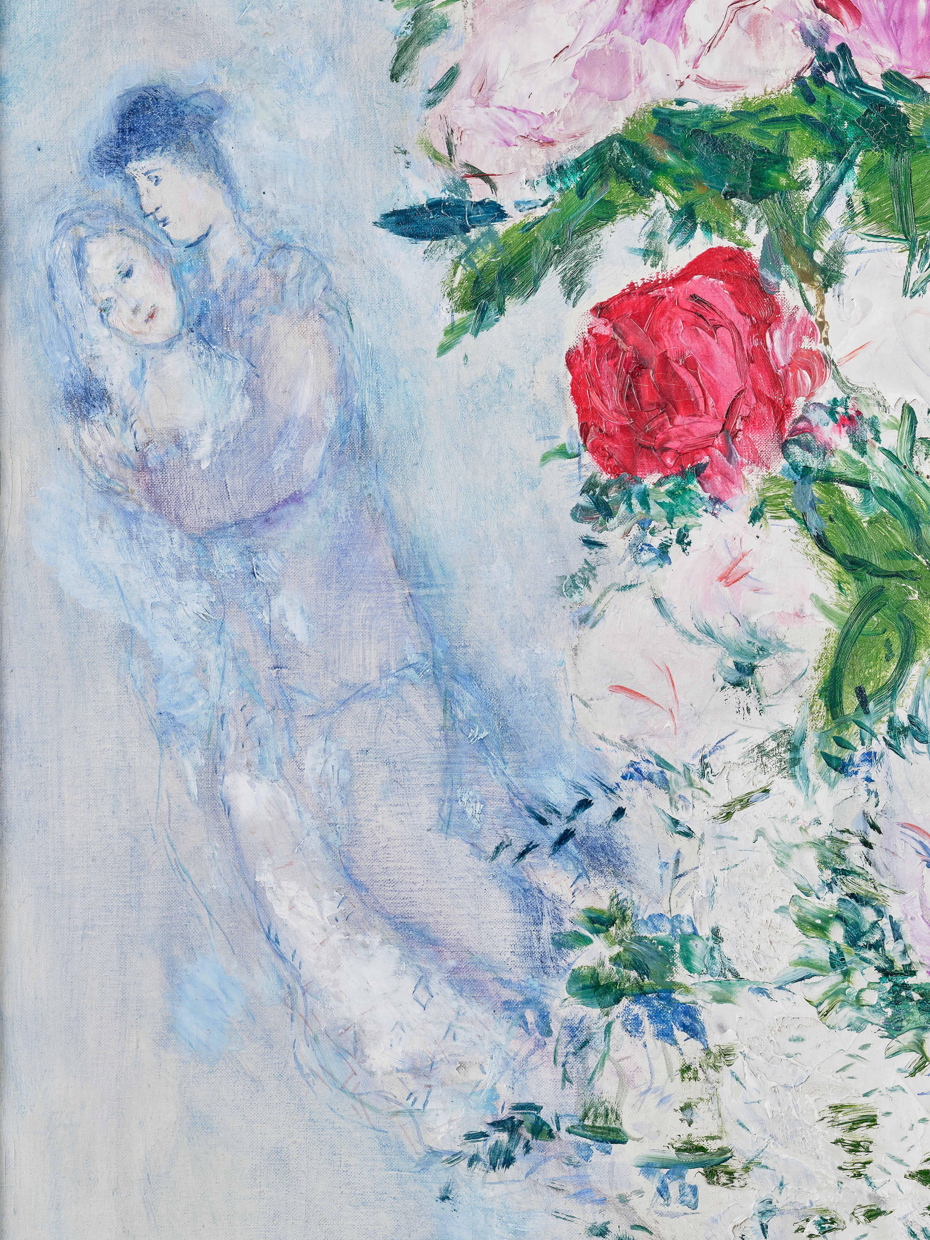 Detail view of Marc Chagall's painting titled Les amoreux au bouquet de fleurs