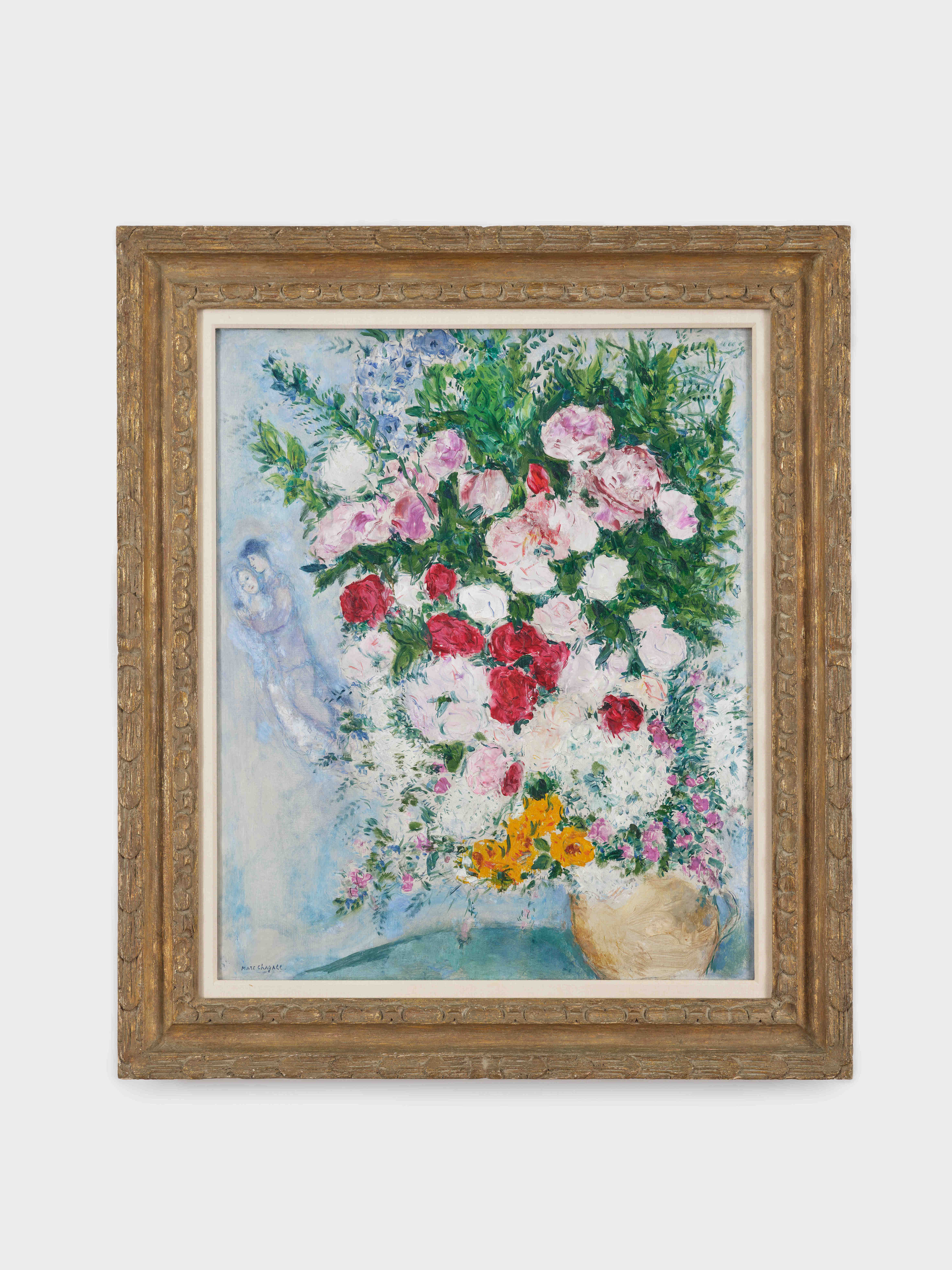 Marc Chagall's painting titled Les amoreux au bouquet de fleurs