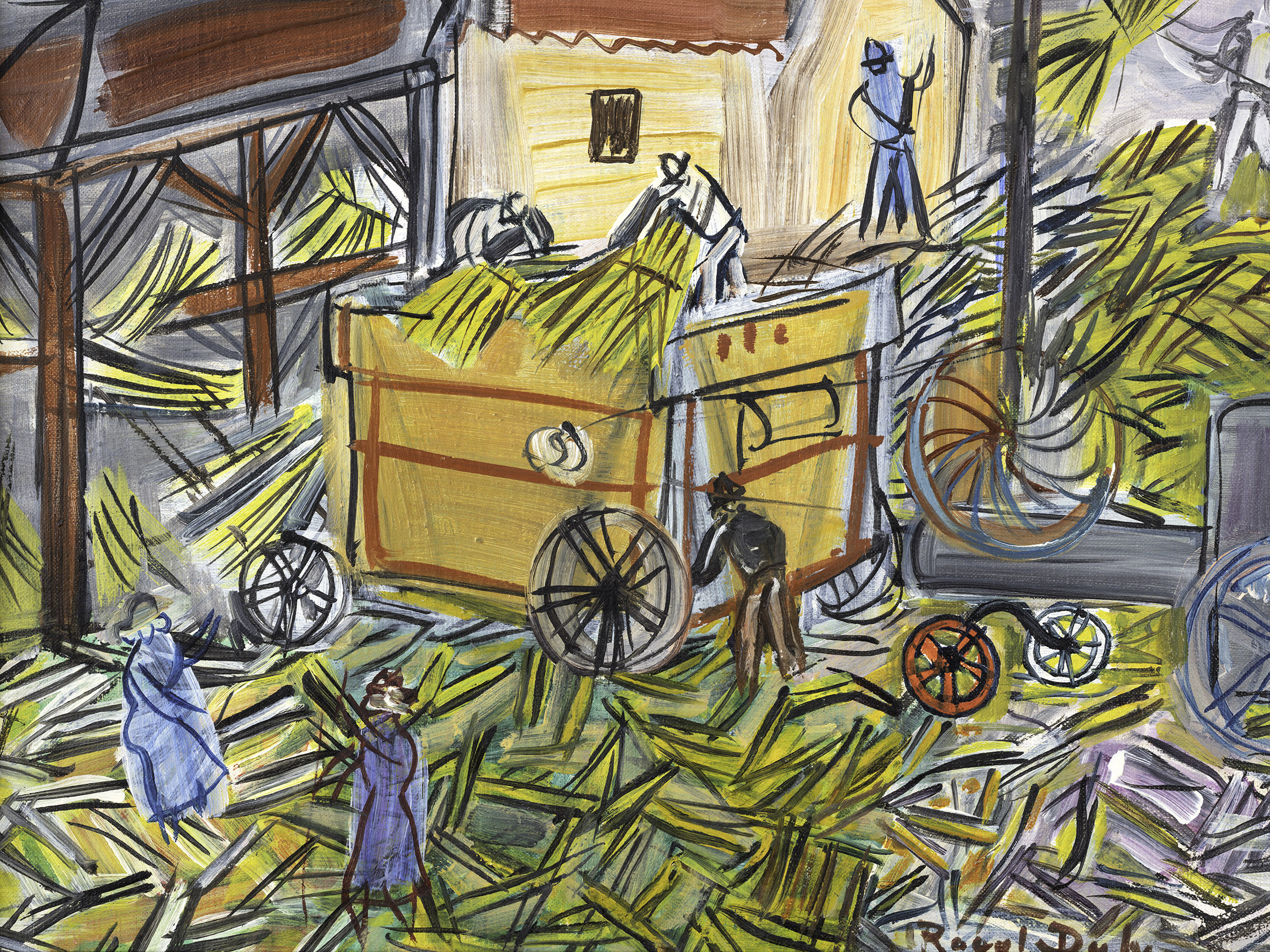 Detail view of Raoul Dufy's painting titled Dépiquage jaune