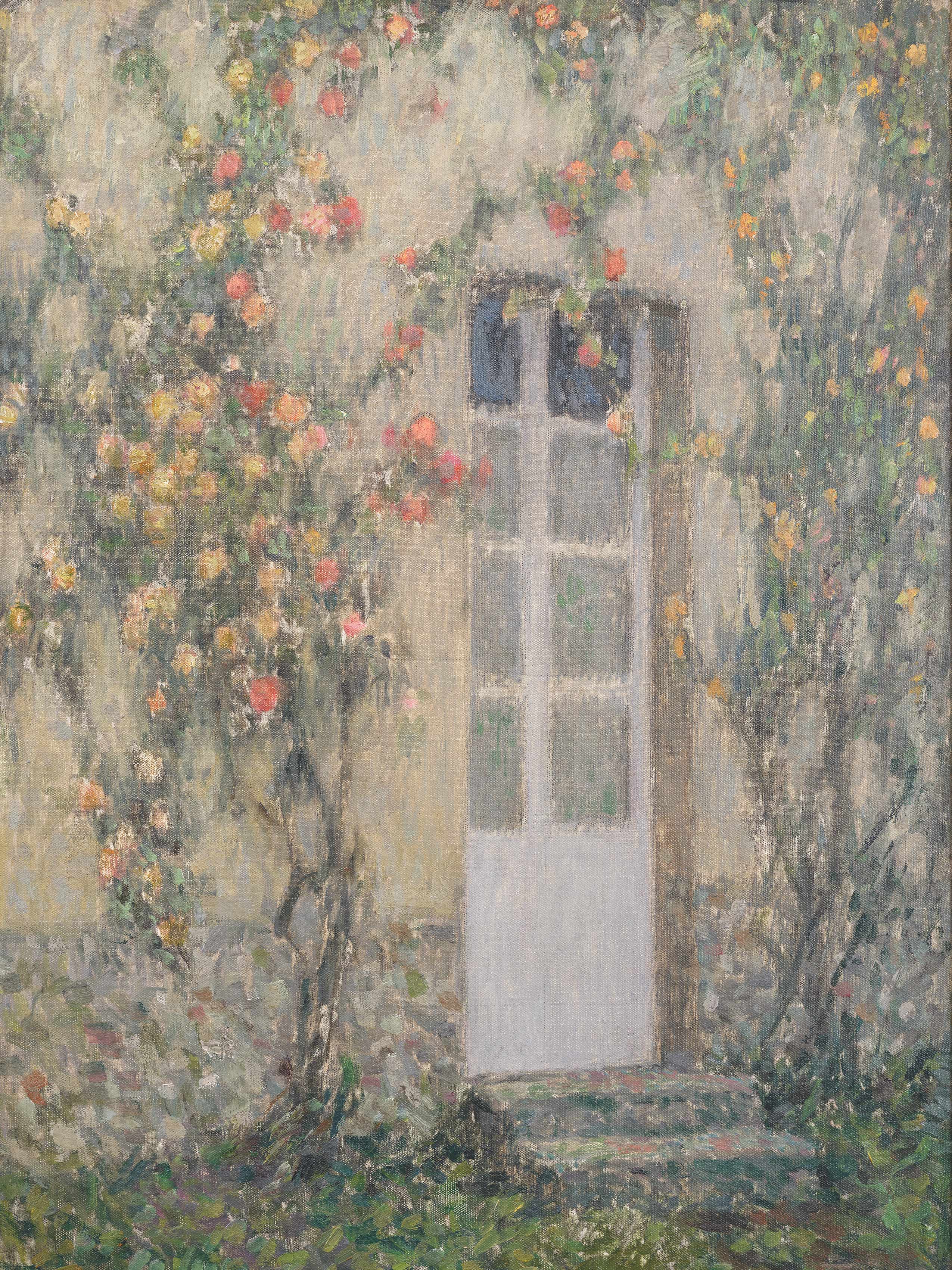 Detail view of Henri Le Sidaner's painting titled La mainson aux roses