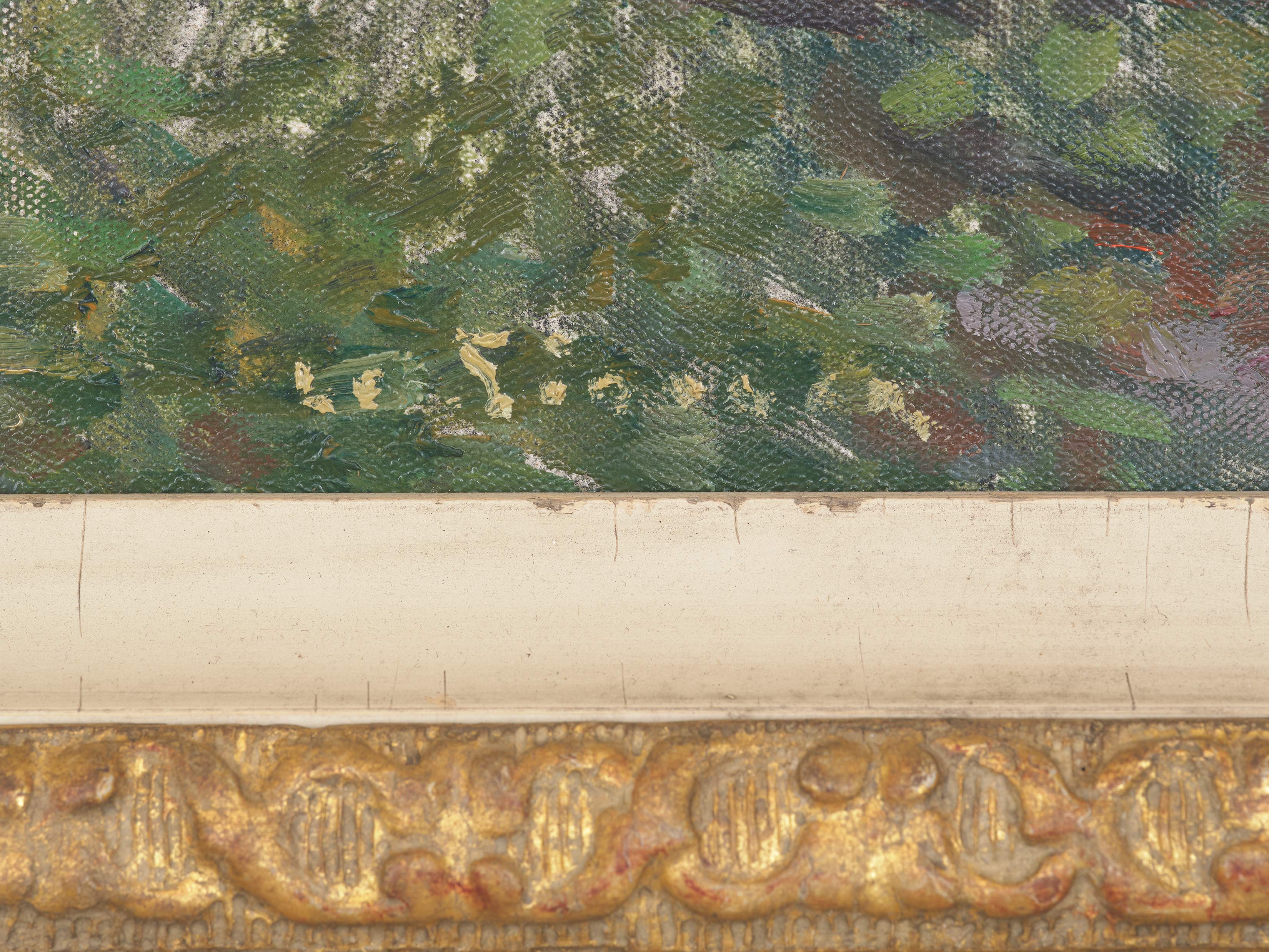 Detail view of Henri Le Sidaner's painting titled La mainson aux roses