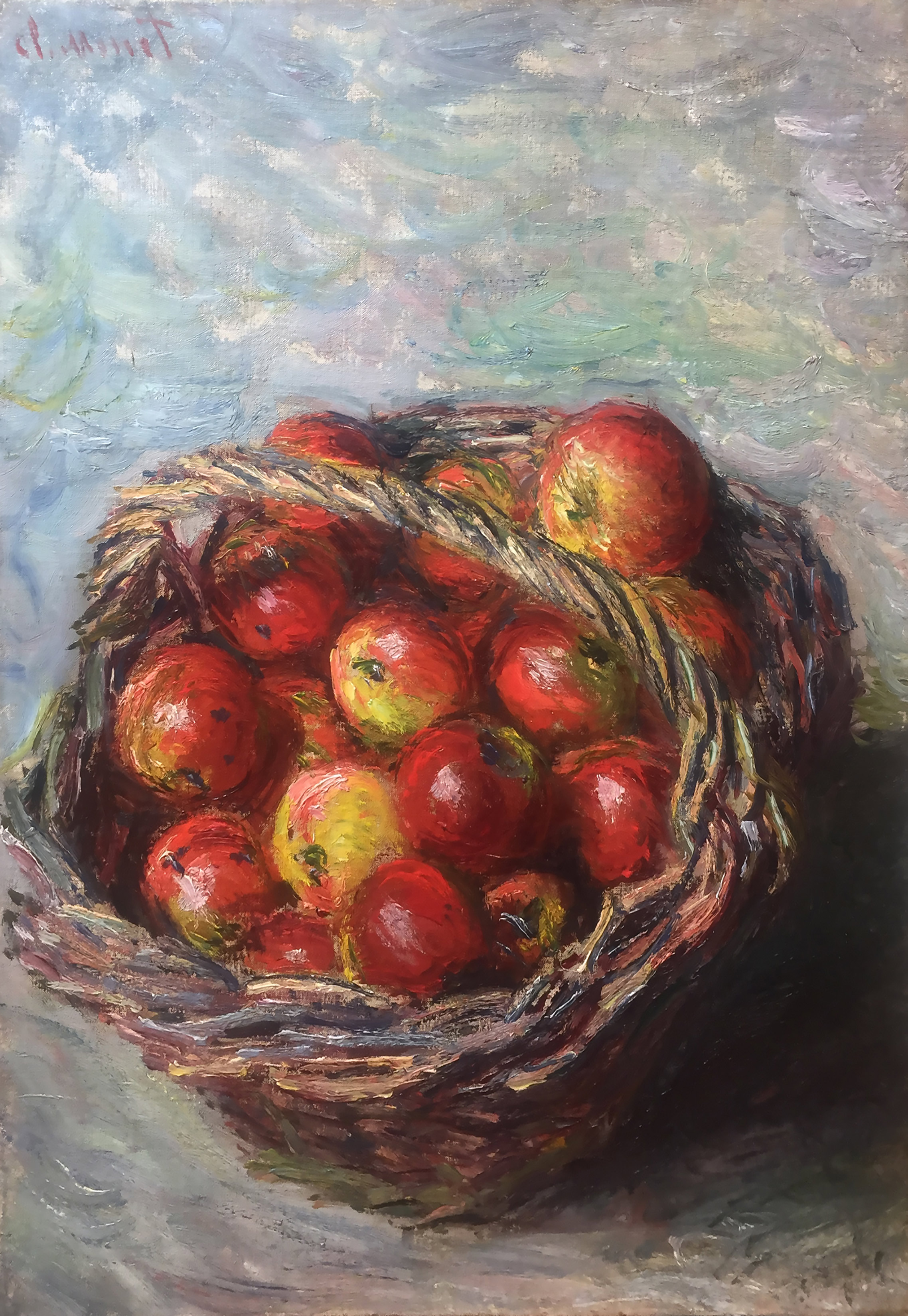 Detail view of Claude Monet's painting Panier de pommes