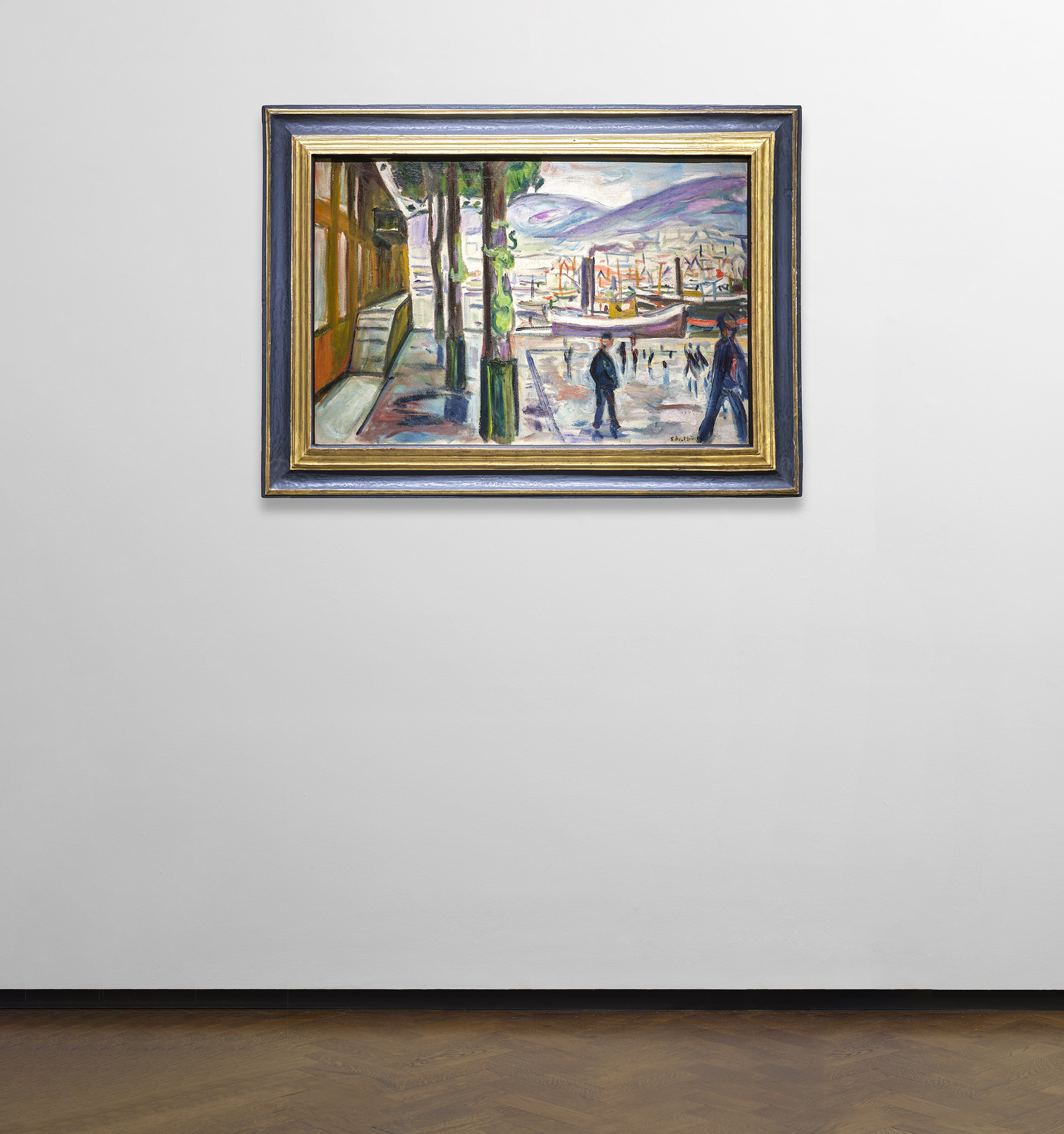 Installation view of Edvard Munch's painting titled Der Hafen in Bergen