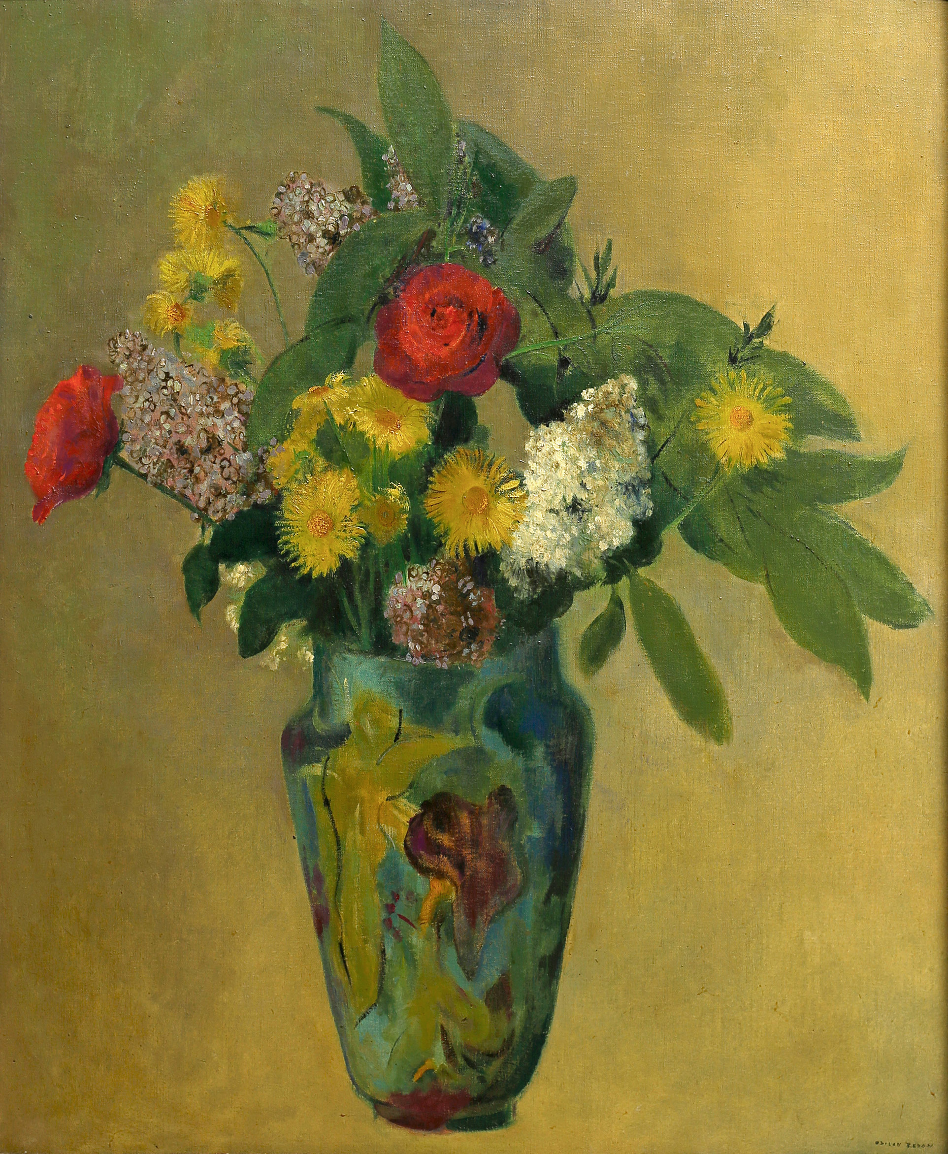 Odilon Redon's painting titled Pivoines, lilas, roses at feuillage dans un vase