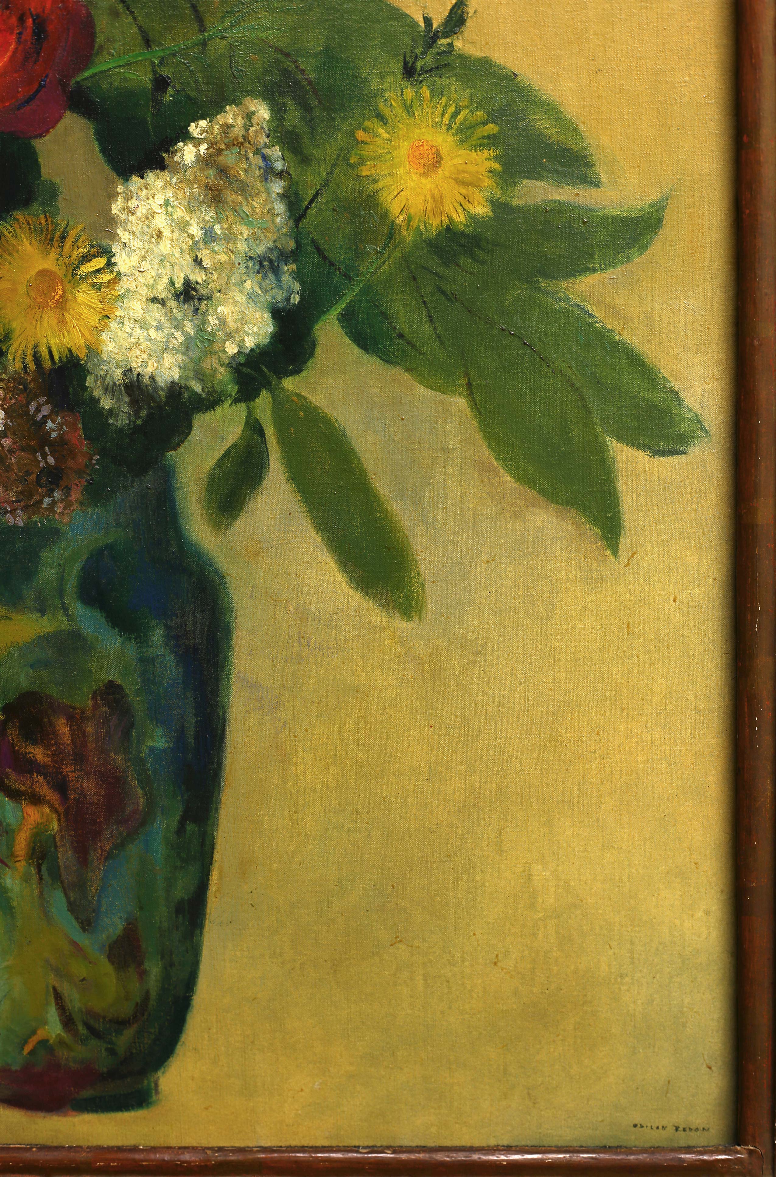 Detail view of Odilon Redon's painting titled Pivoines, lilas, roses at feuillage dans un vase