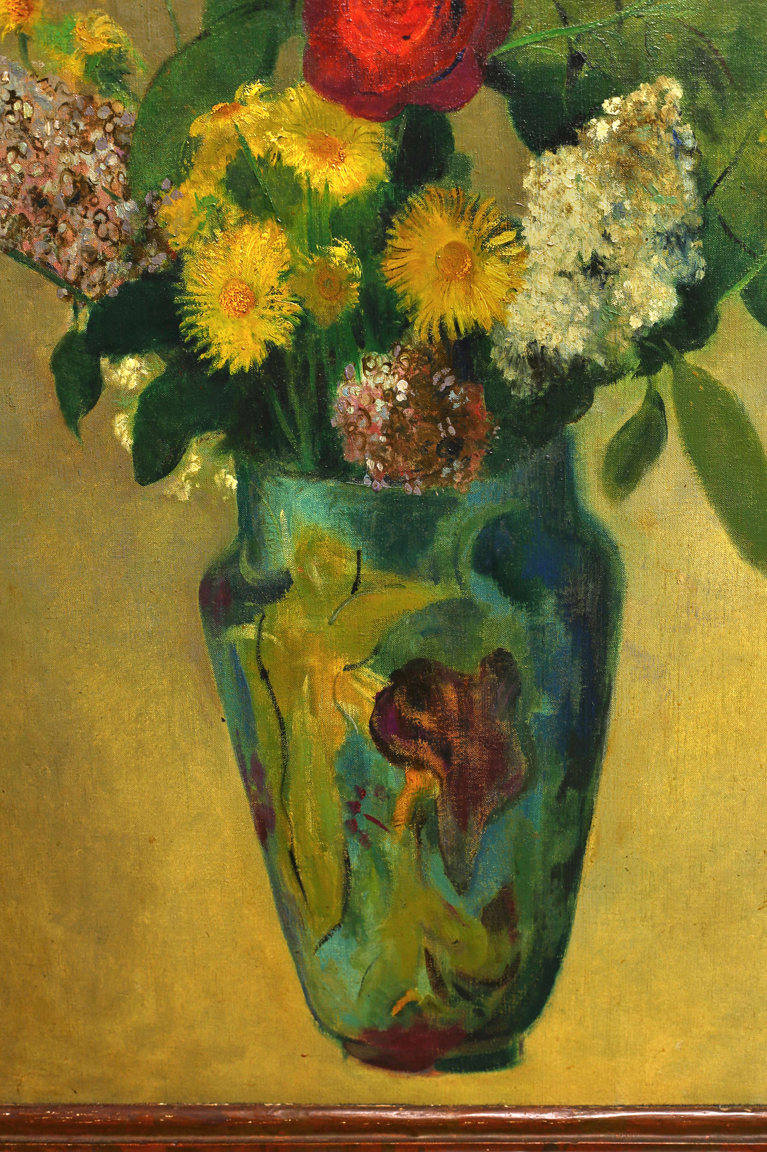 Detail view of Odilon Redon's painting titled Pivoines, lilas, roses at feuillage dans un vase