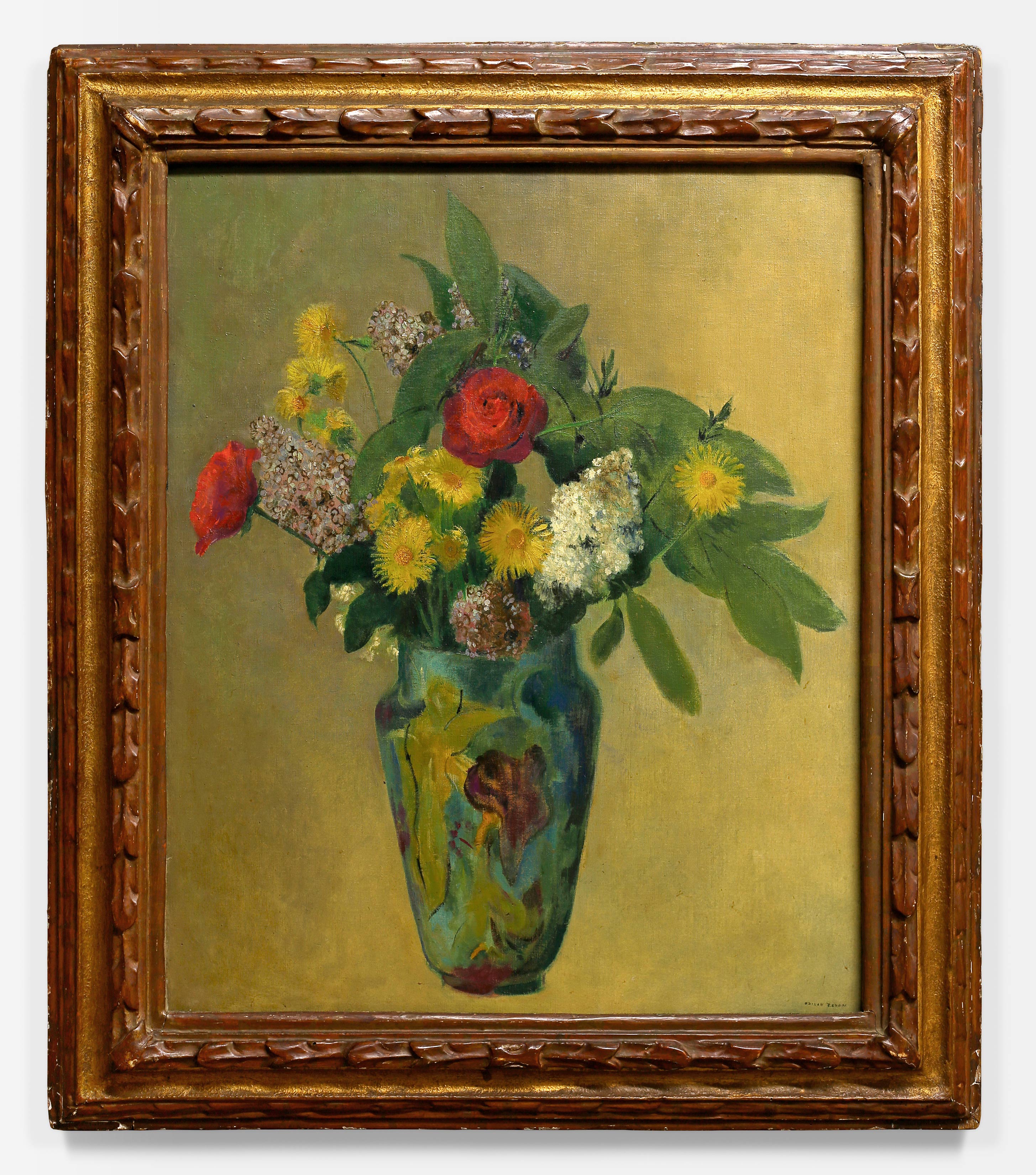 Odilon Redon's painting titled Pivoines, lilas, roses at feuillage dans un vase