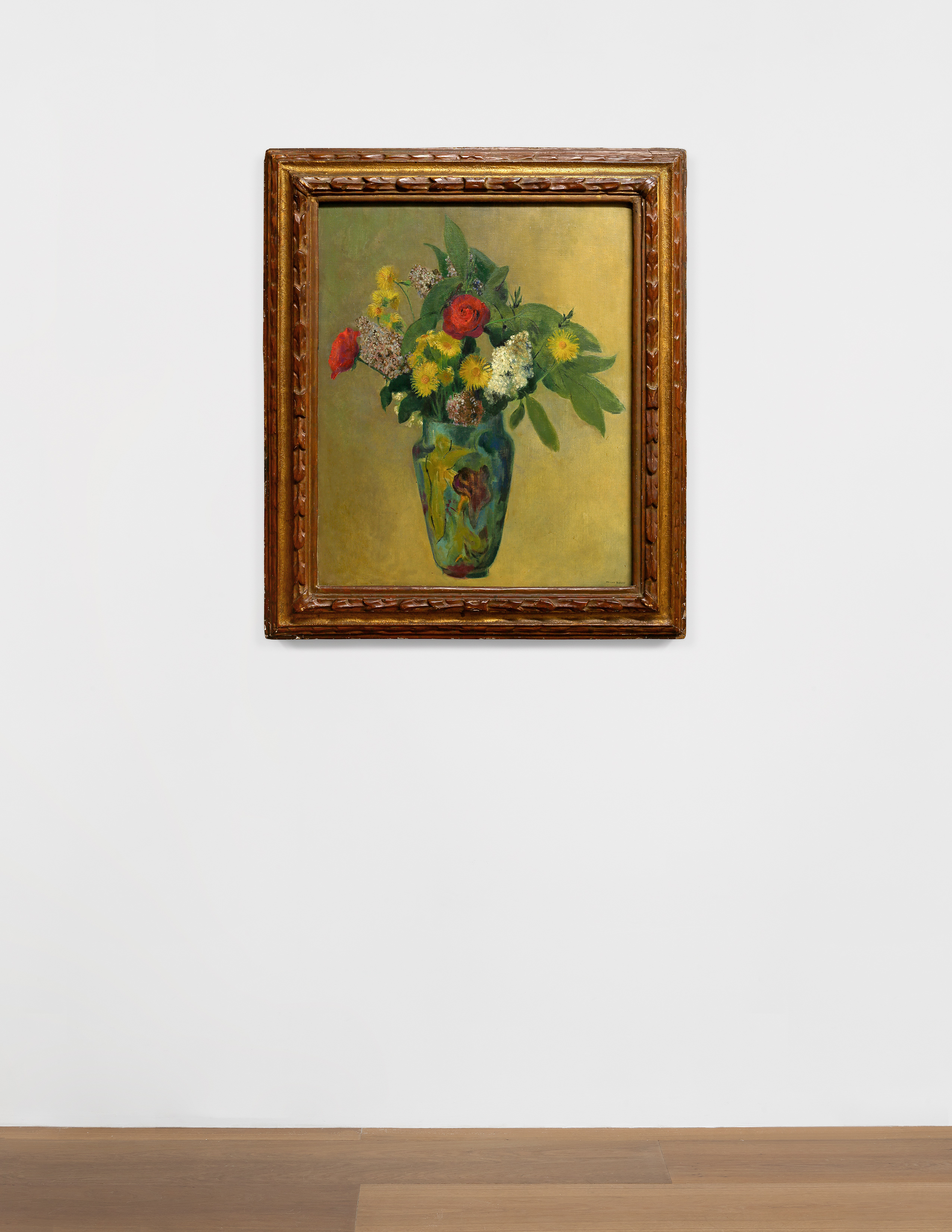 Installation view of Odilon Redon's painting titled Pivoines, lilas, roses at feuillage dans un vase