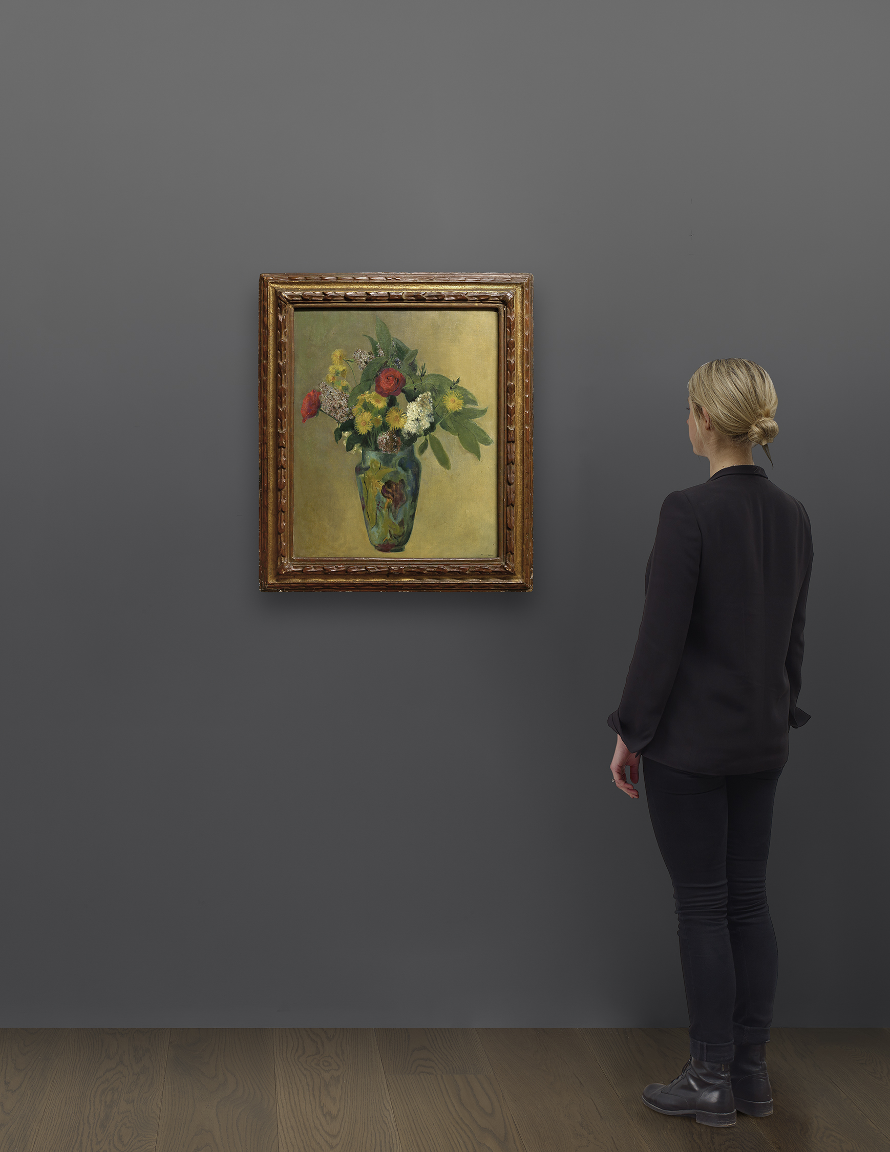 Scale view of Odilon Redon's painting titled Pivoines, lilas, roses at feuillage dans un vase