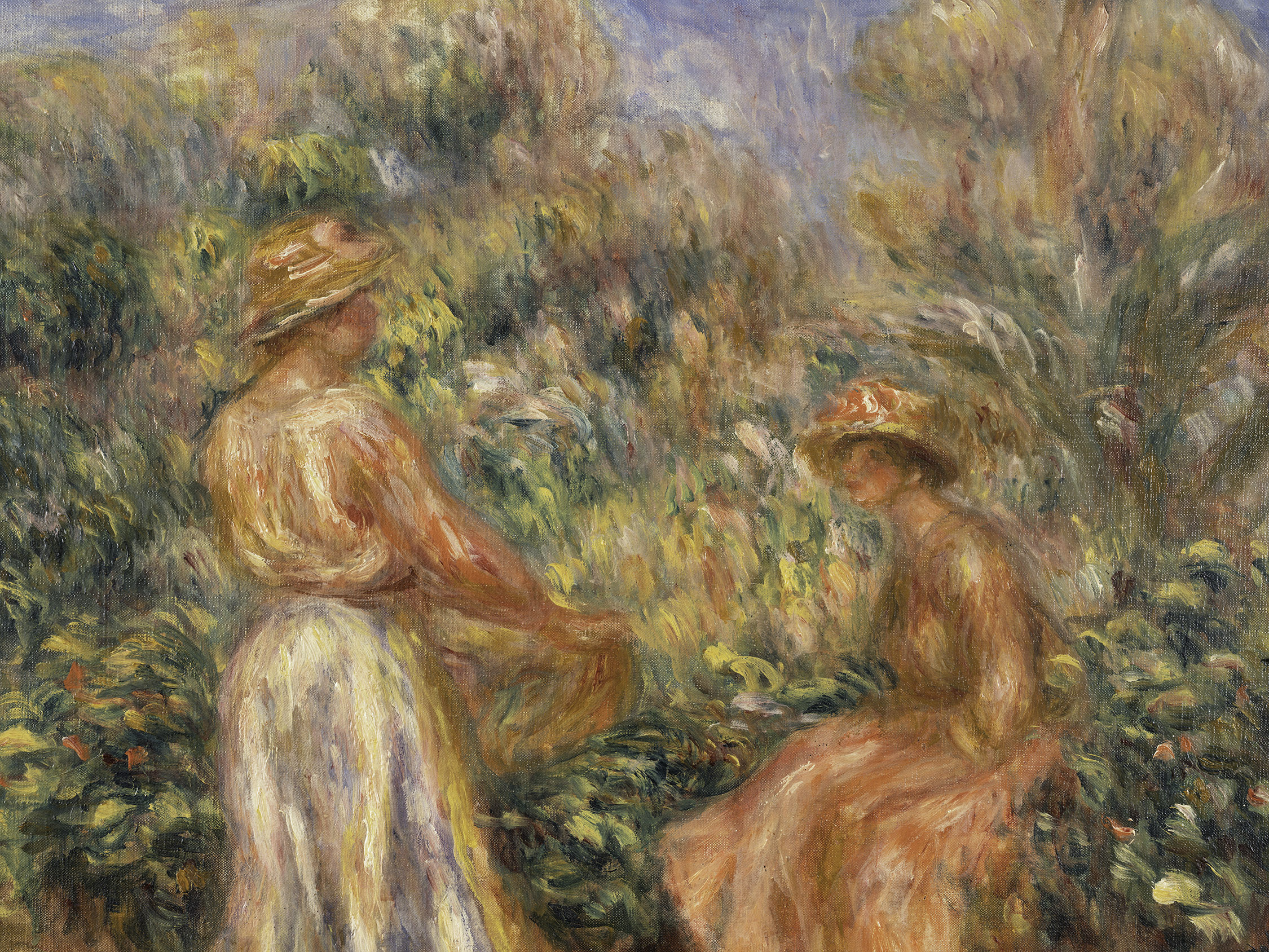 Detail view of Pierre-Auguste Renoir's painting titled Deux femmes dans le jardin de Cagnes