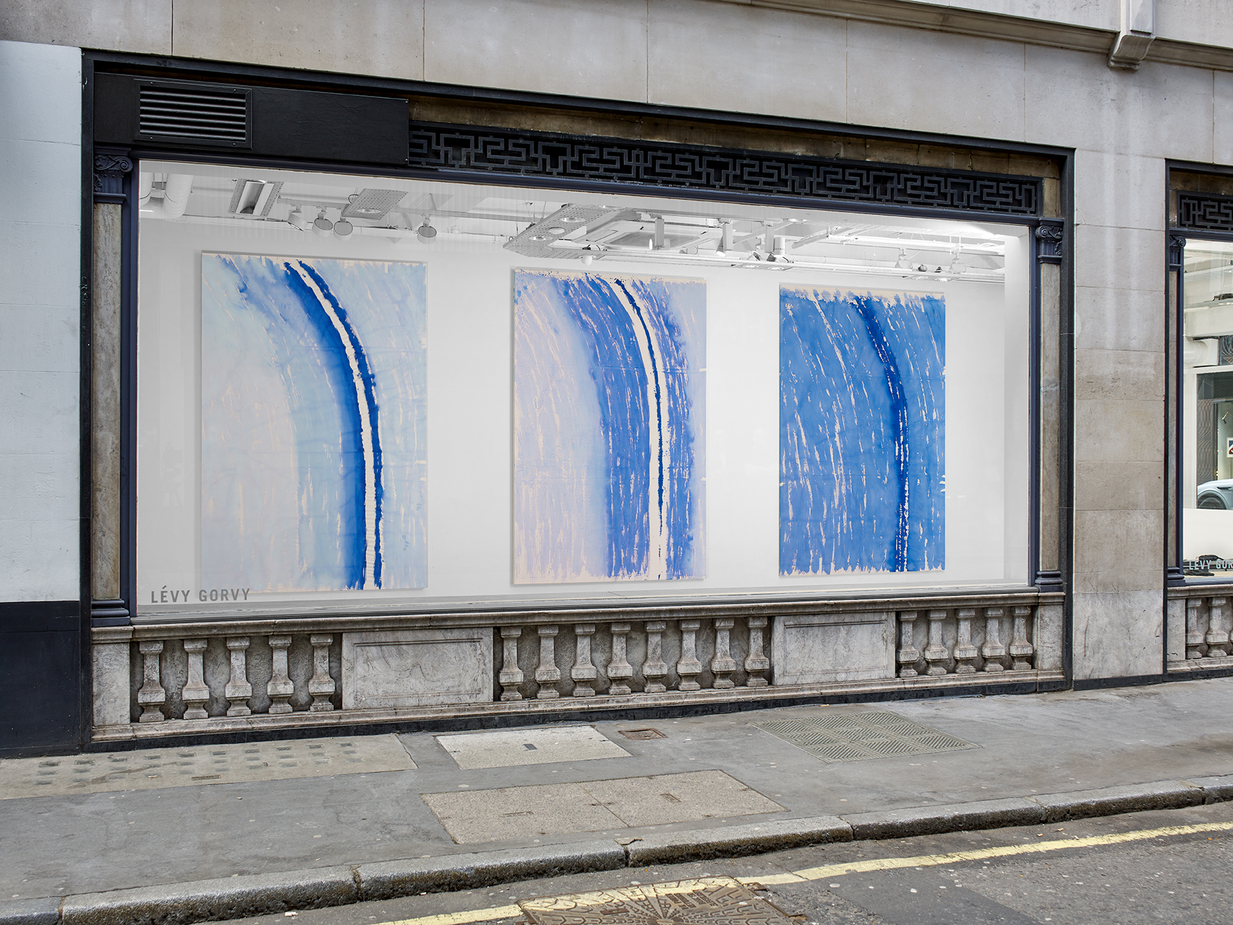 Installation image of Gunther Uecker at 40 Albemarle, featuring paintings from the Lighbtogen series. Outside view of gallery.