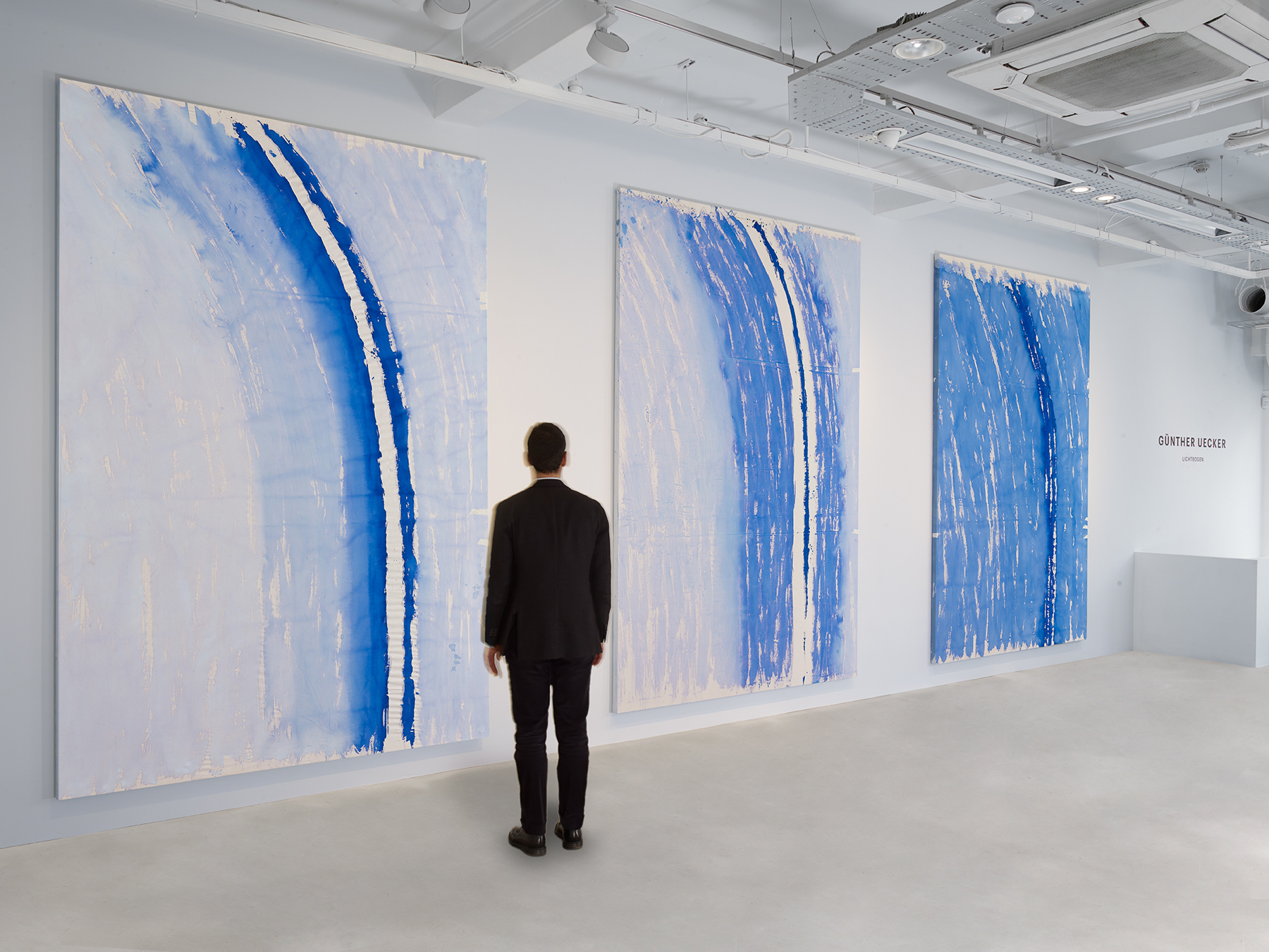 Installation image of Gunther Uecker at 40 Albemarle, featuring paintings from the Lighbtogen series.