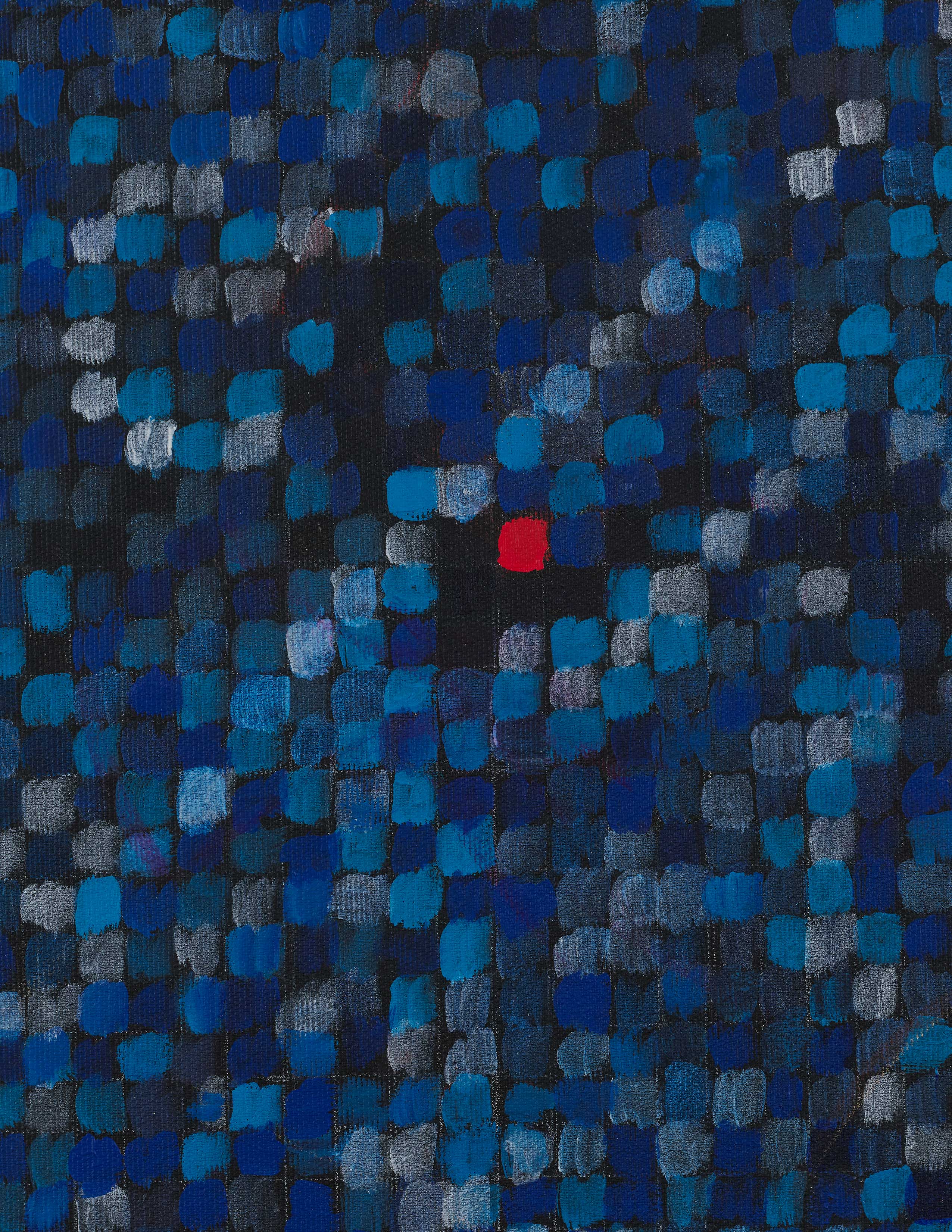 Detail view of Jutta Koether's Nedd You Everyday (Bluesed Grid Series, Flower Theme)