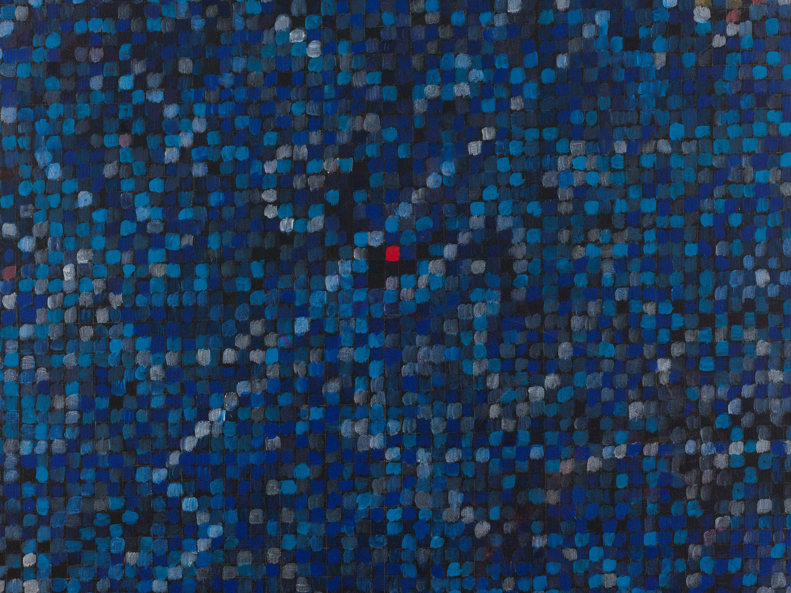 Detail view of Jutta Koether's Nedd You Everyday (Bluesed Grid Series, Flower Theme)