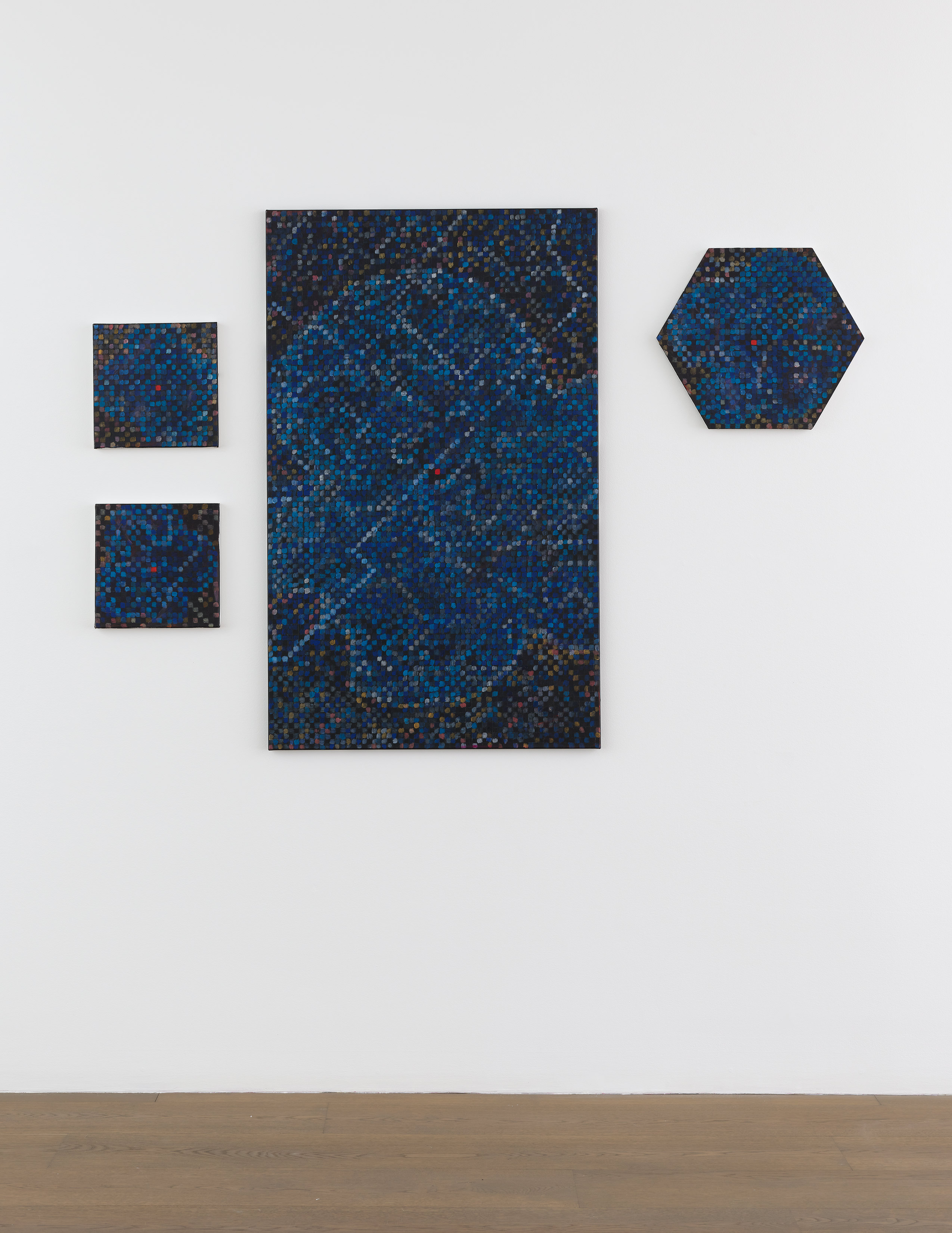 Installation view of Jutta Koether's Nedd You Everyday (Bluesed Grid Series, Flower Theme)