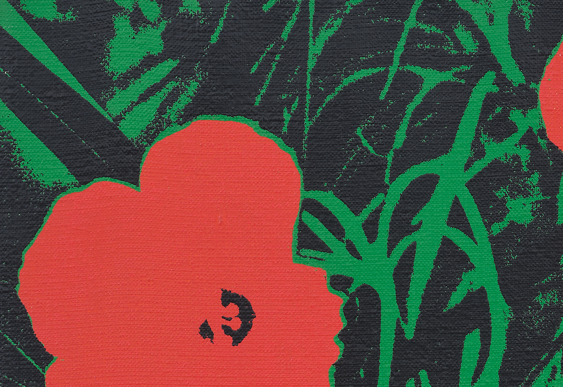 Detail view of Andy Warhol's silkscreen ink on linen print Flowers