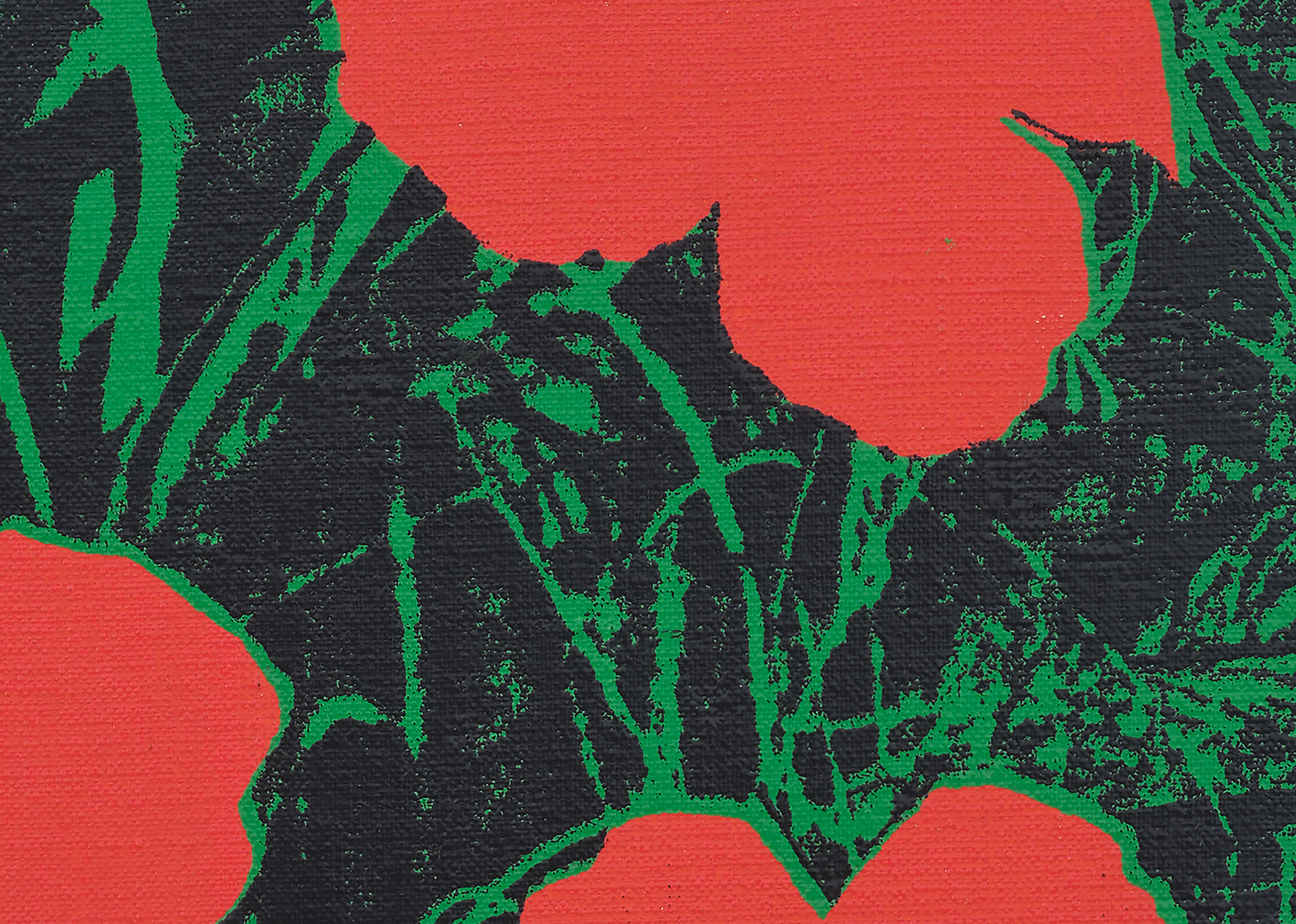 Detail view of Andy Warhol's silkscreen ink on linen print Flowers