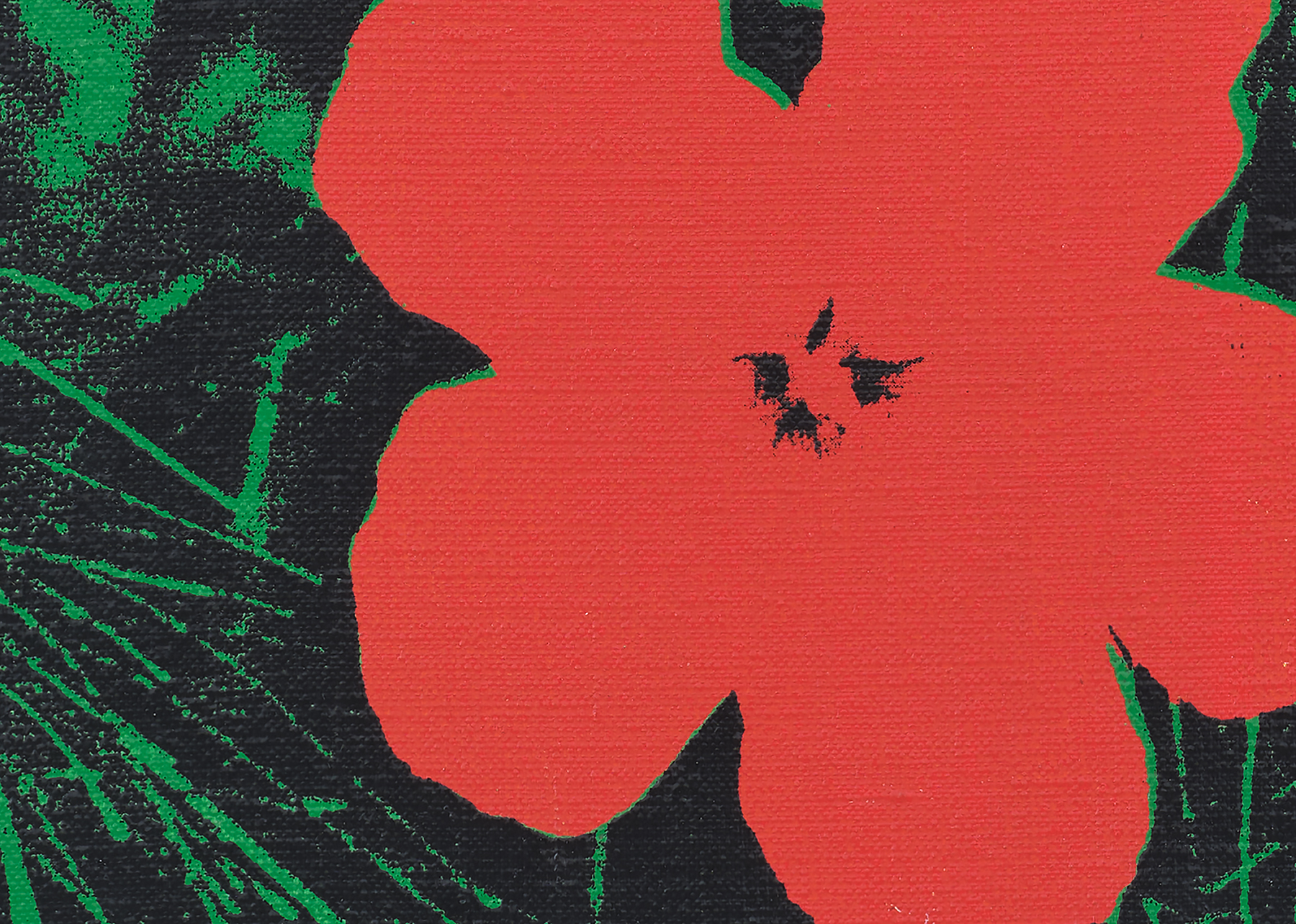 Detail view of Andy Warhol's silkscreen ink on linen print Flowers