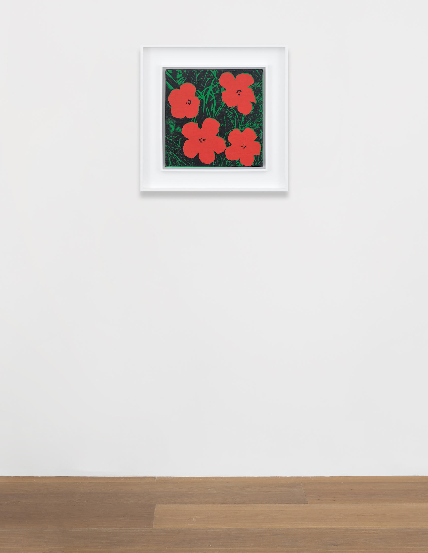 Installation view of Andy Warhol's silkscreen ink on linen print Flowers