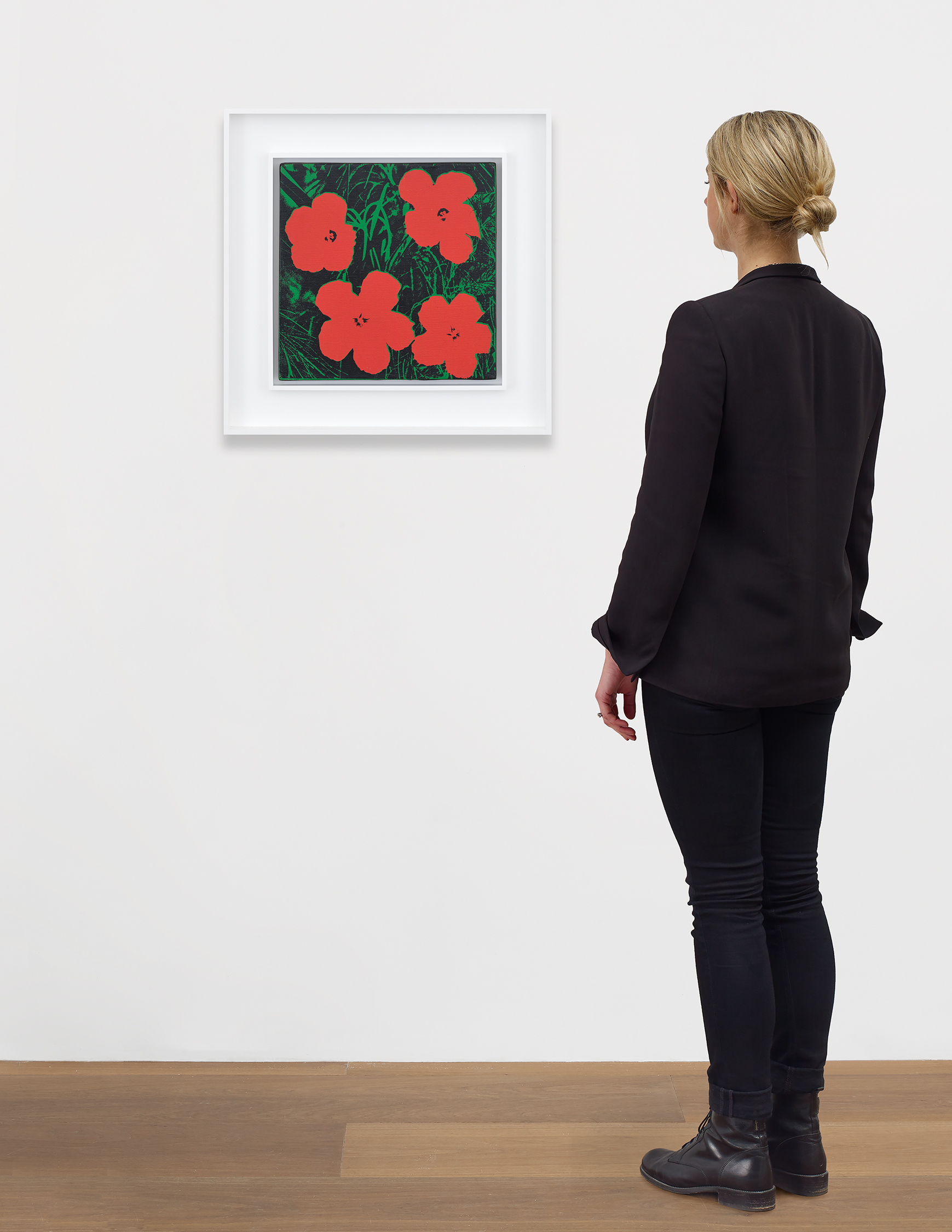 Scale view of Andy Warhol's silkscreen ink on linen print Flowers