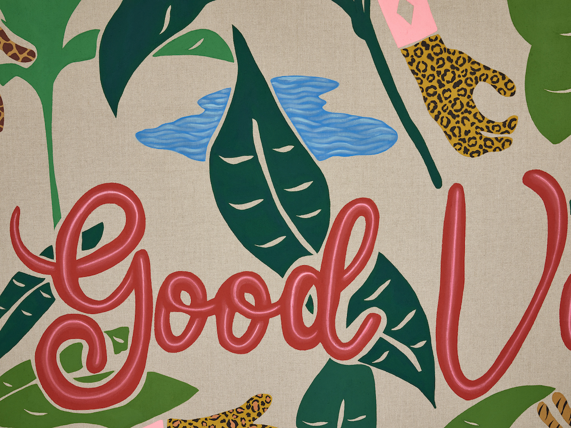 Detail view of Joel Mesler's painting Untitled (Good Vibes)