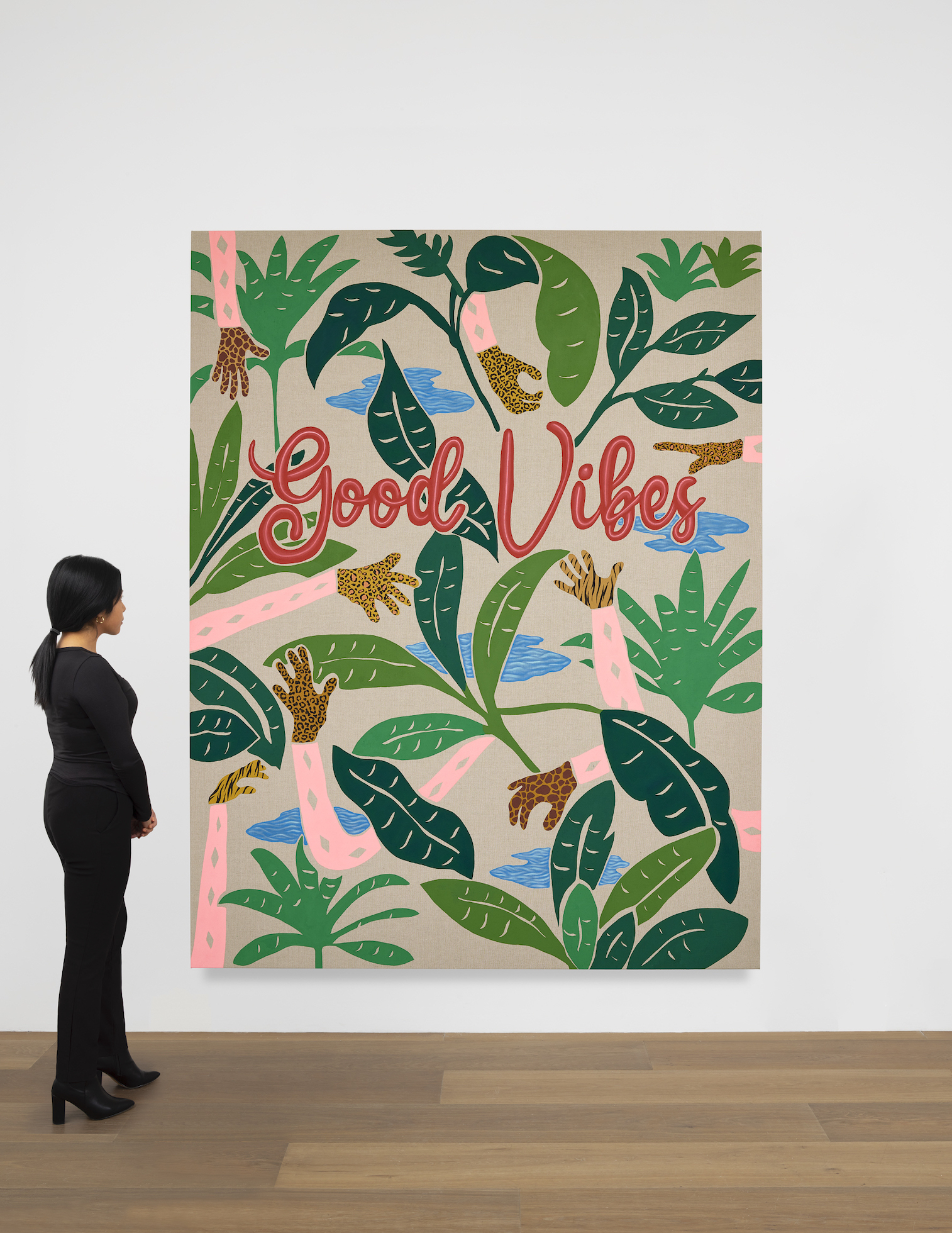 Scale view of Joel Mesler's painting Untitled (Good Vibes)