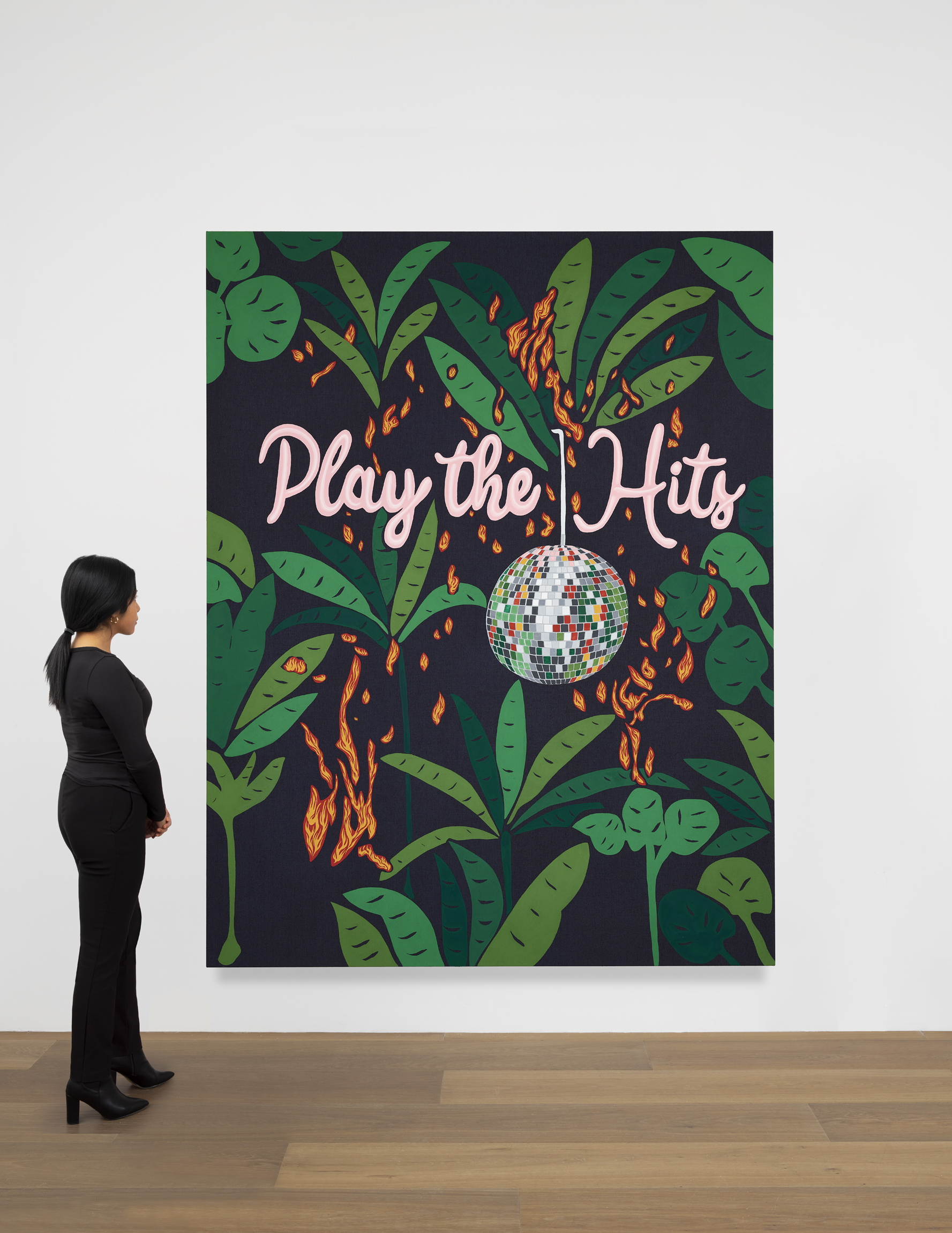 Scale view of Joel Mesler's painting Untitled (Play the Hits)