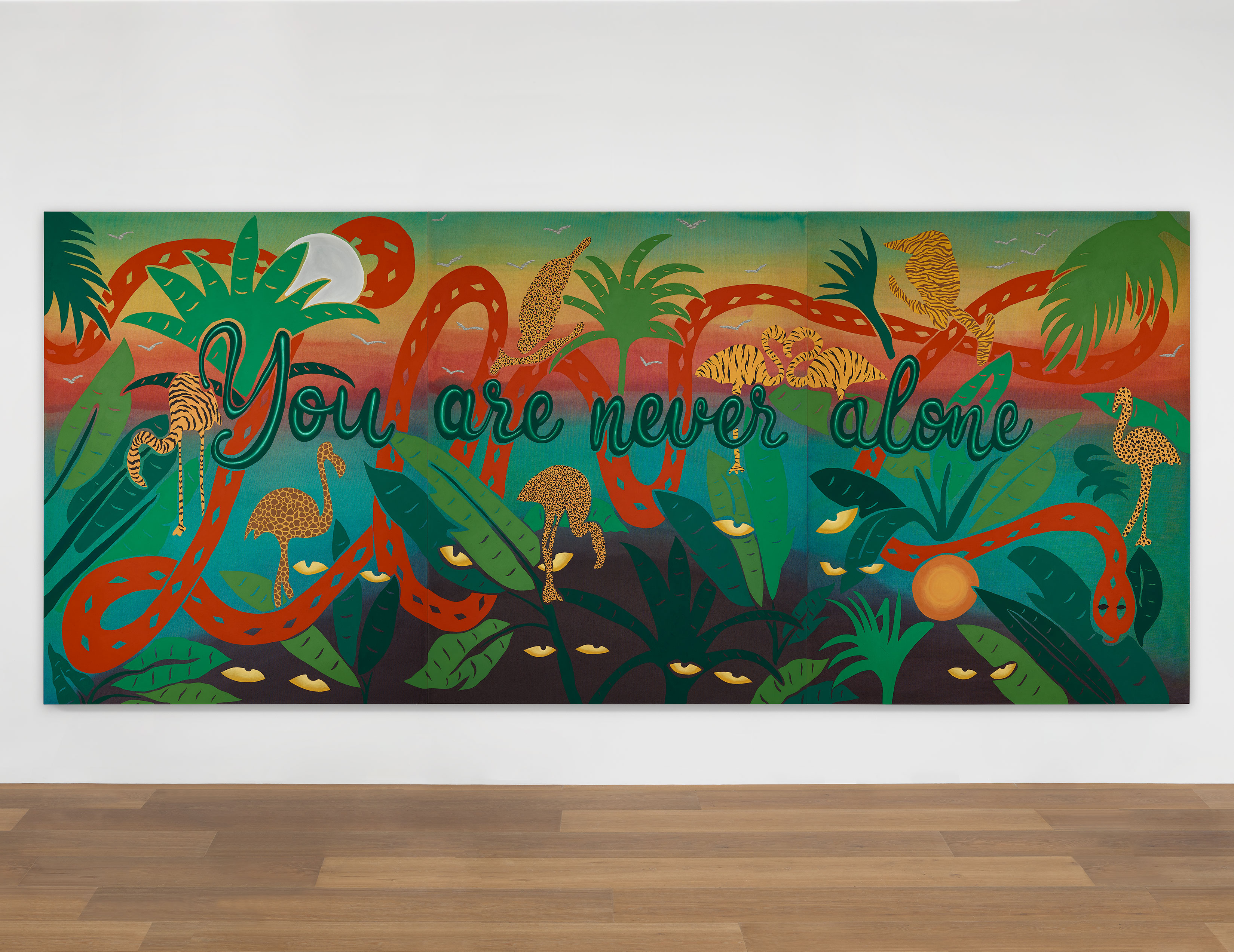 Installation view of Joel Mesler's painting triptych Untitled (You Are Never Alone)