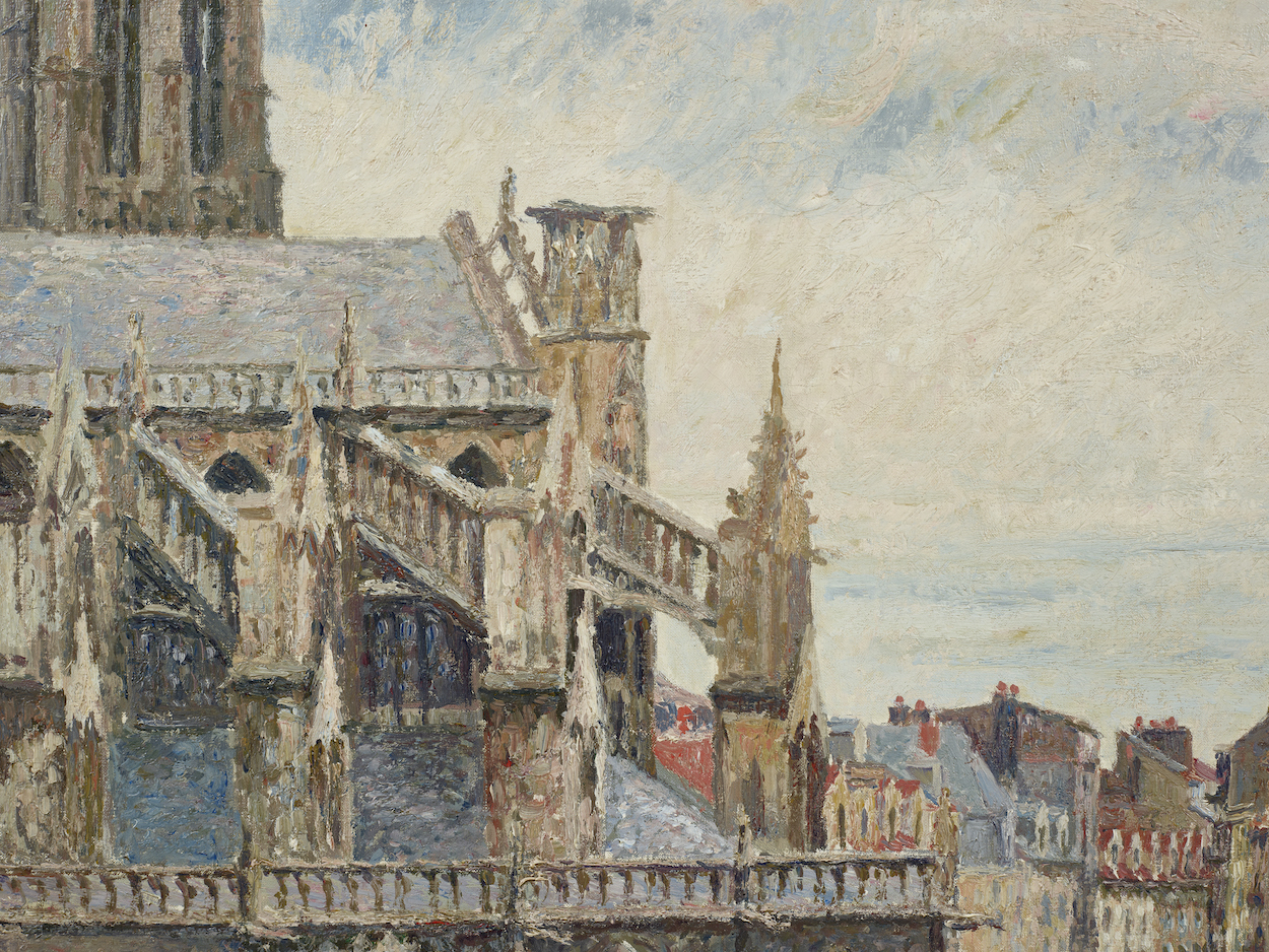 Detail view of Camille Pissarro's painting LÉglise Saint Jacques Dieppe temps pluvieux matin