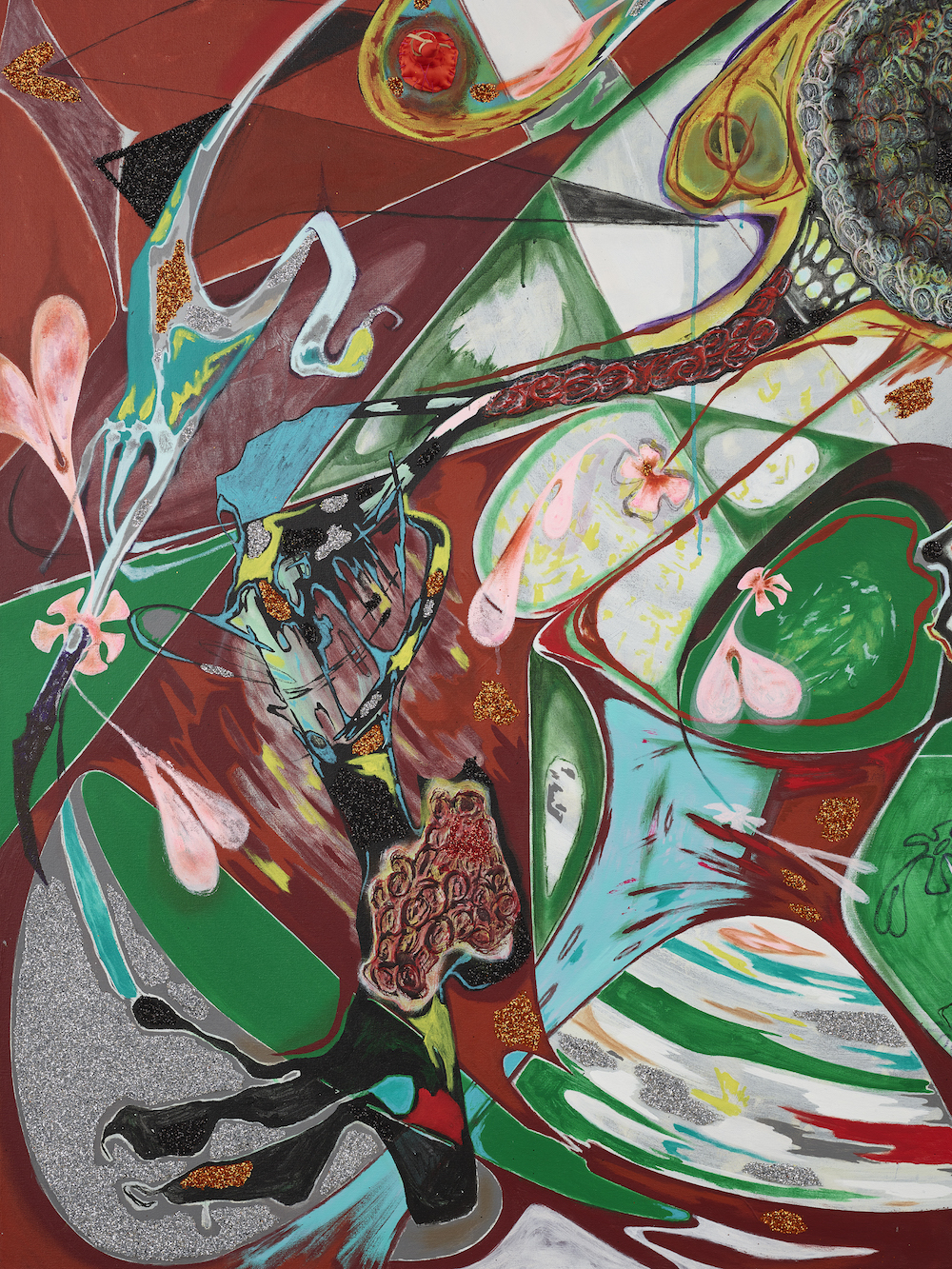 Detail view of Theresa Chromati's painting Tuned Extensions — Full Time Traveler (Woman Growing with Her Scrotum Flowers)