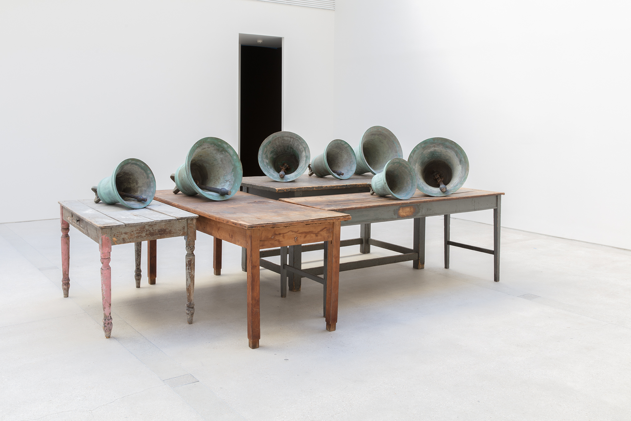 Jannis Kounellis's Untitled wooden tables and bronze bells work