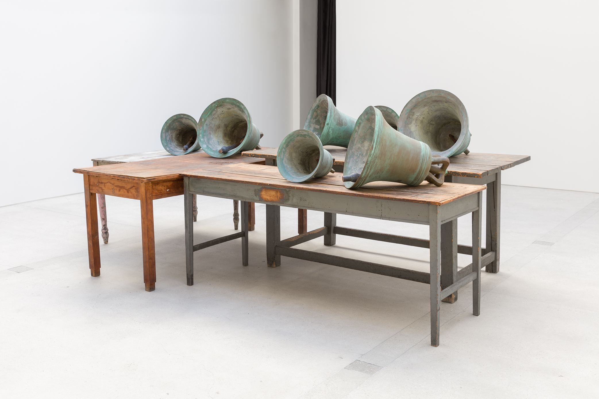 Jannis Kounellis's Untitled wooden tables and bronze bells work