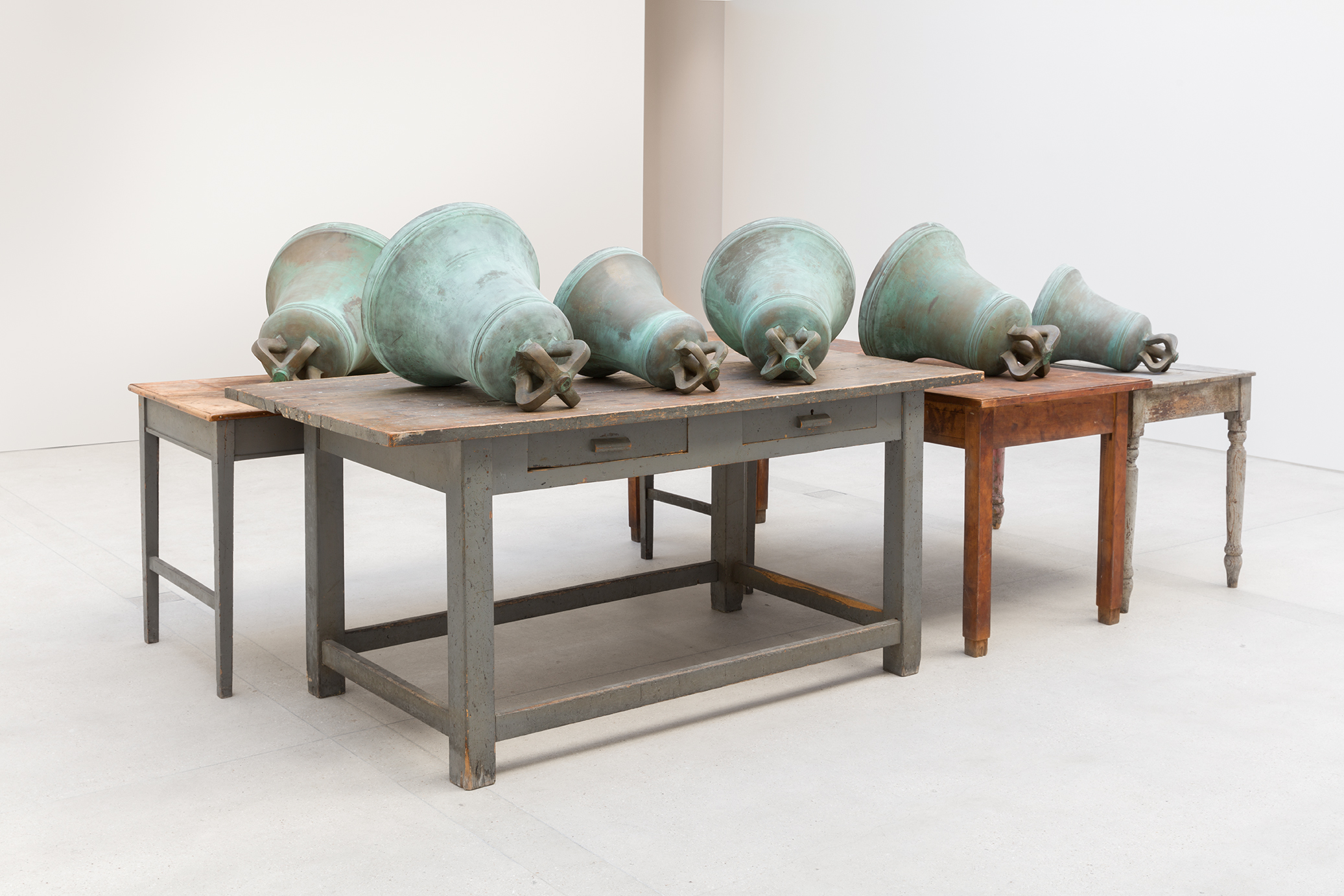 Jannis Kounellis's Untitled wooden tables and bronze bells work